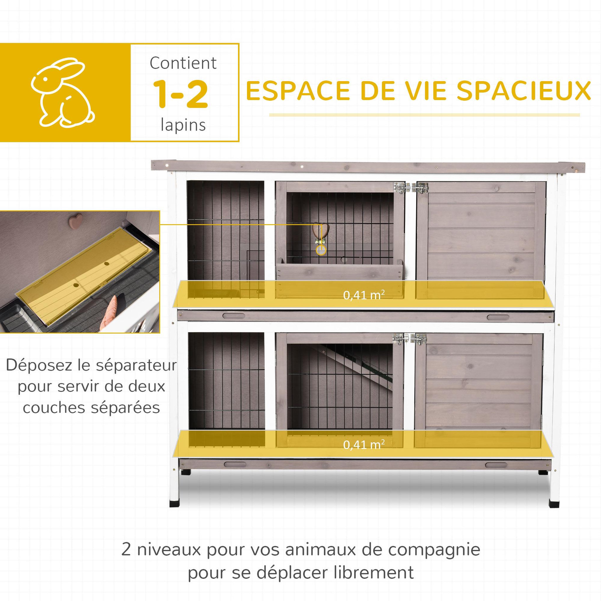 Voir la diapositive 4 : PAWHUT Clapier à lapin cage à lapin 2 étages trappe de séparation amovible 4 portes verrouillables 2 plateaux coulissants rampe toit ouvrant bois de sapin gris blanc