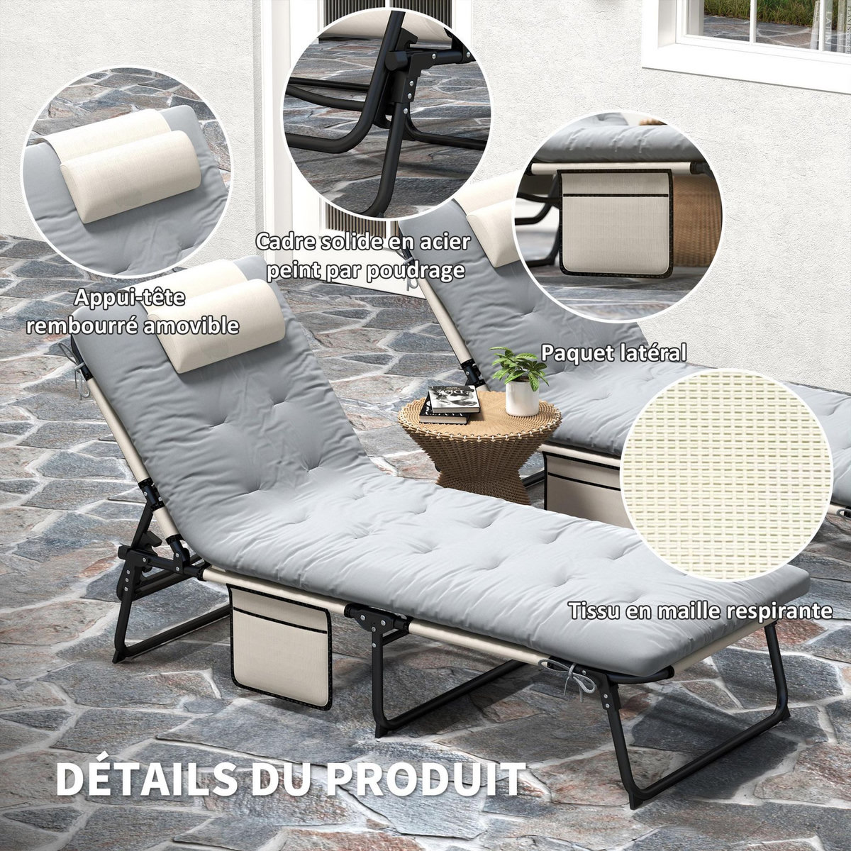 OUTSUNNY Lot de 2 transats bains de soleil pliables inclinables - tétière, matelas épais - métal tissu gris crème