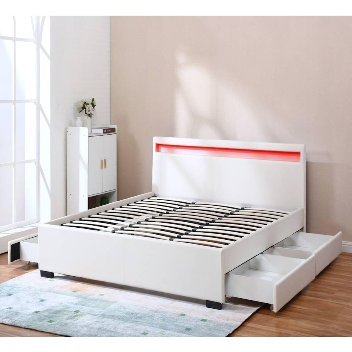 Habitat et Jardin LIT LED double avec 4 tiroirs  Nico  - 180 x 200 cm - Blanc