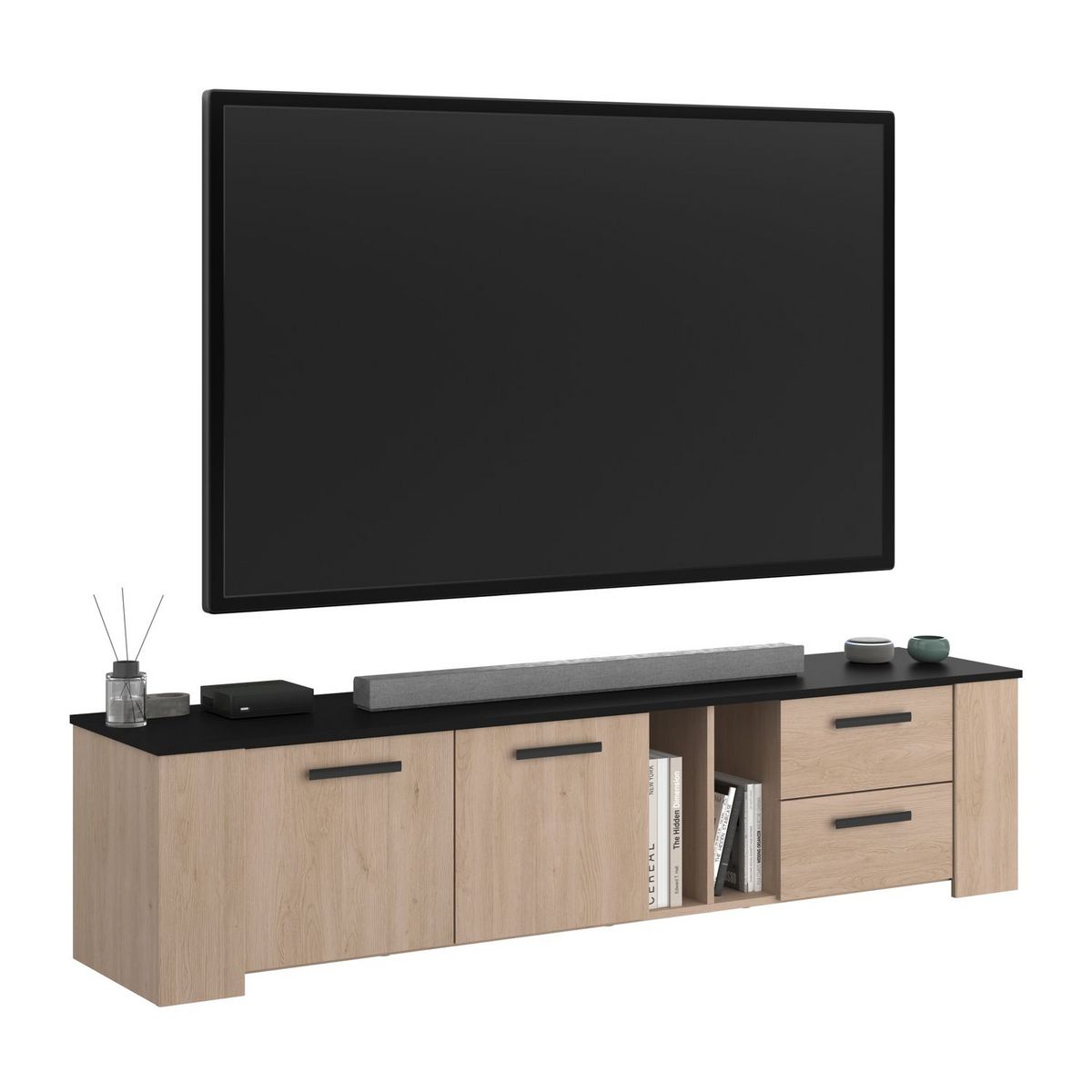 Meuble TV 2 portes 2 niches 2 tiroirs 2 portes L182cm LOLA