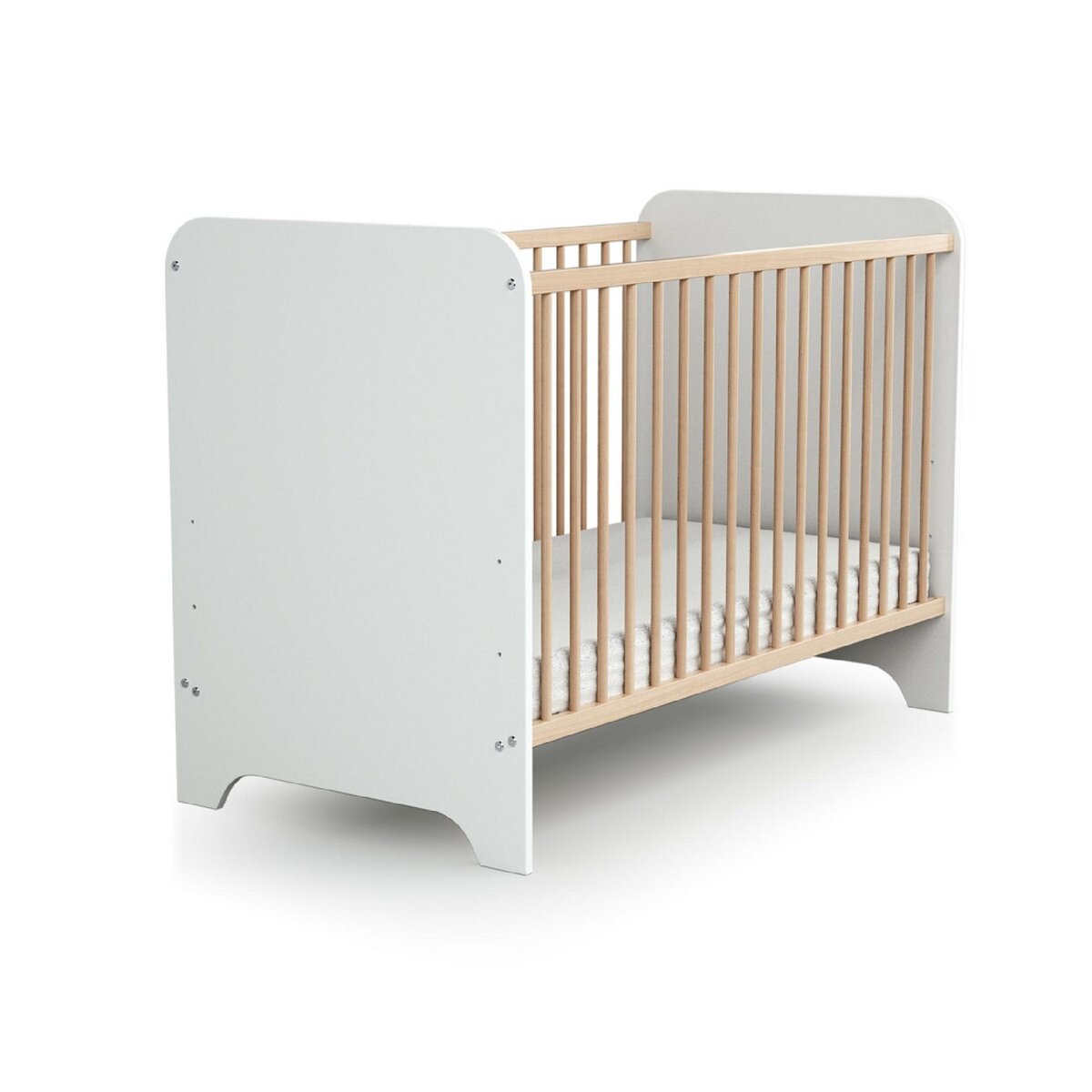 AT4 Lit bébé en bois CARROUSEL Blanc et Hêtre Verni 60 x 120 cm