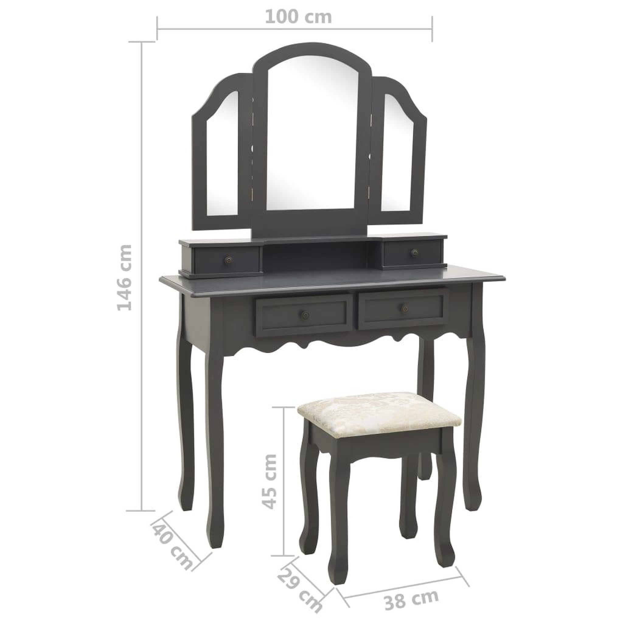 Voir la diapositive 6 : VIDAXL Ensemble de coiffeuse avec tabouret Gris 100x40x146cm Paulownia