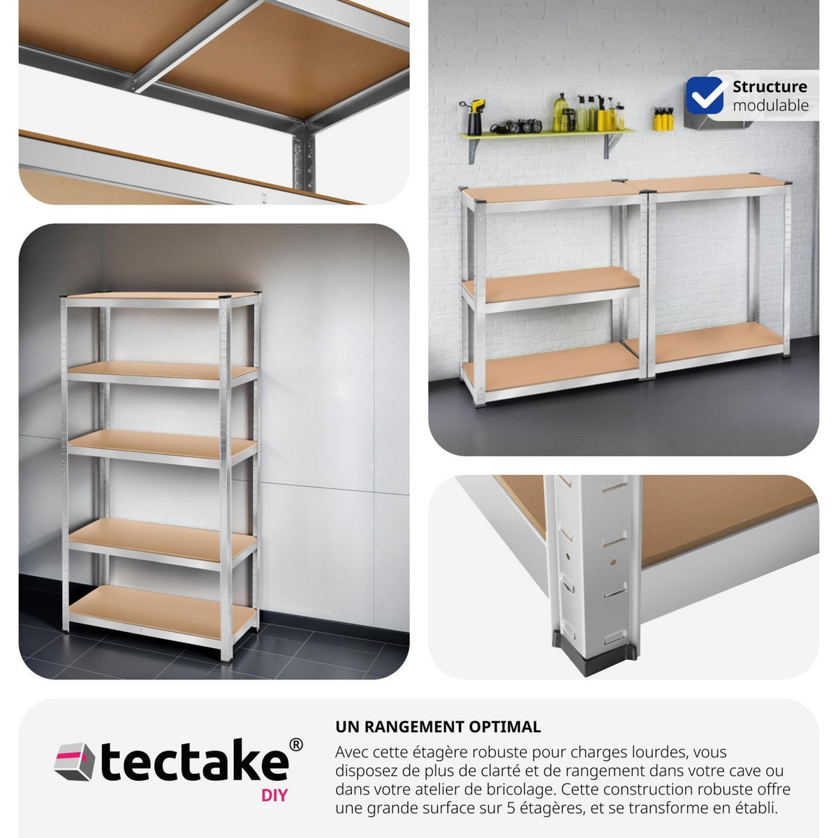tectake Étagère pour charges lourdes structure en acier galvanisé argent 180 x 90 x 40 cm, 750 kg