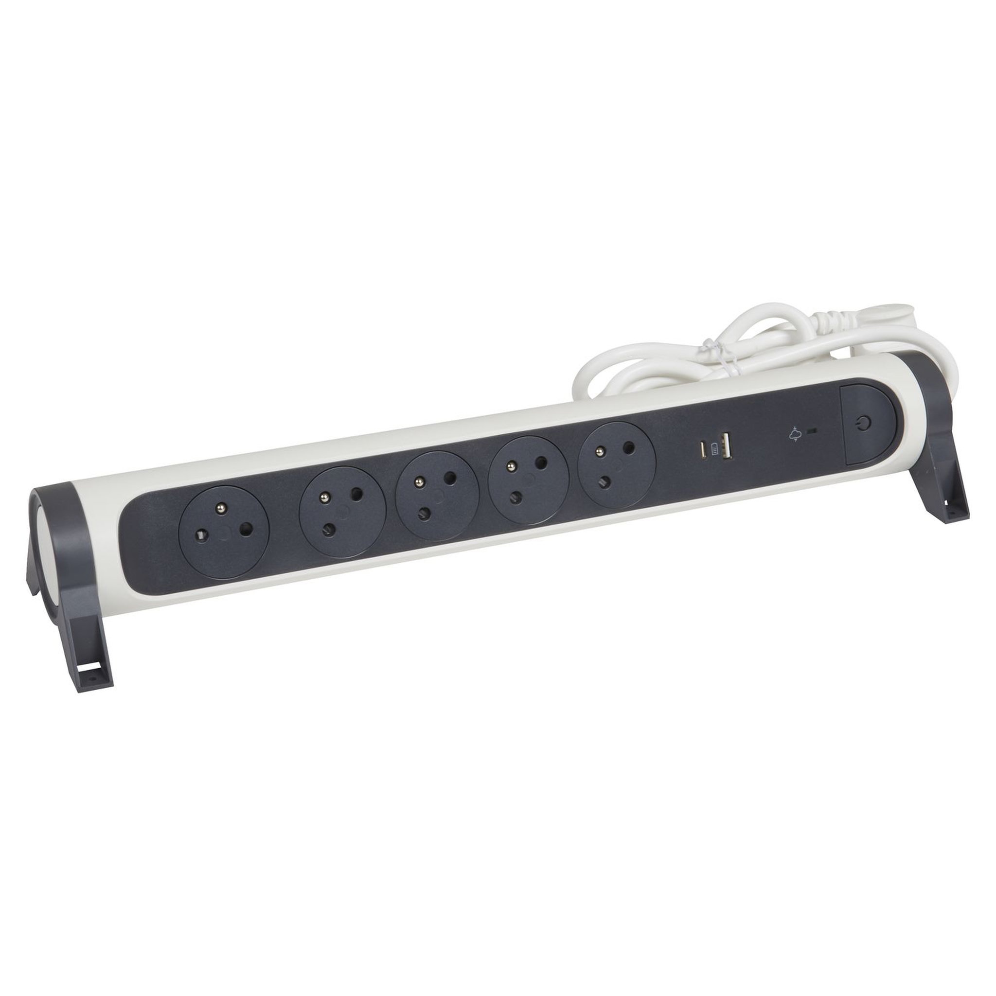 Voir la diapositive 5 : Trefiliaction  Rallonge 5x2P+T Surface - inter, cordon 1,5m, parafoudre et USB A+C- blanc/gris