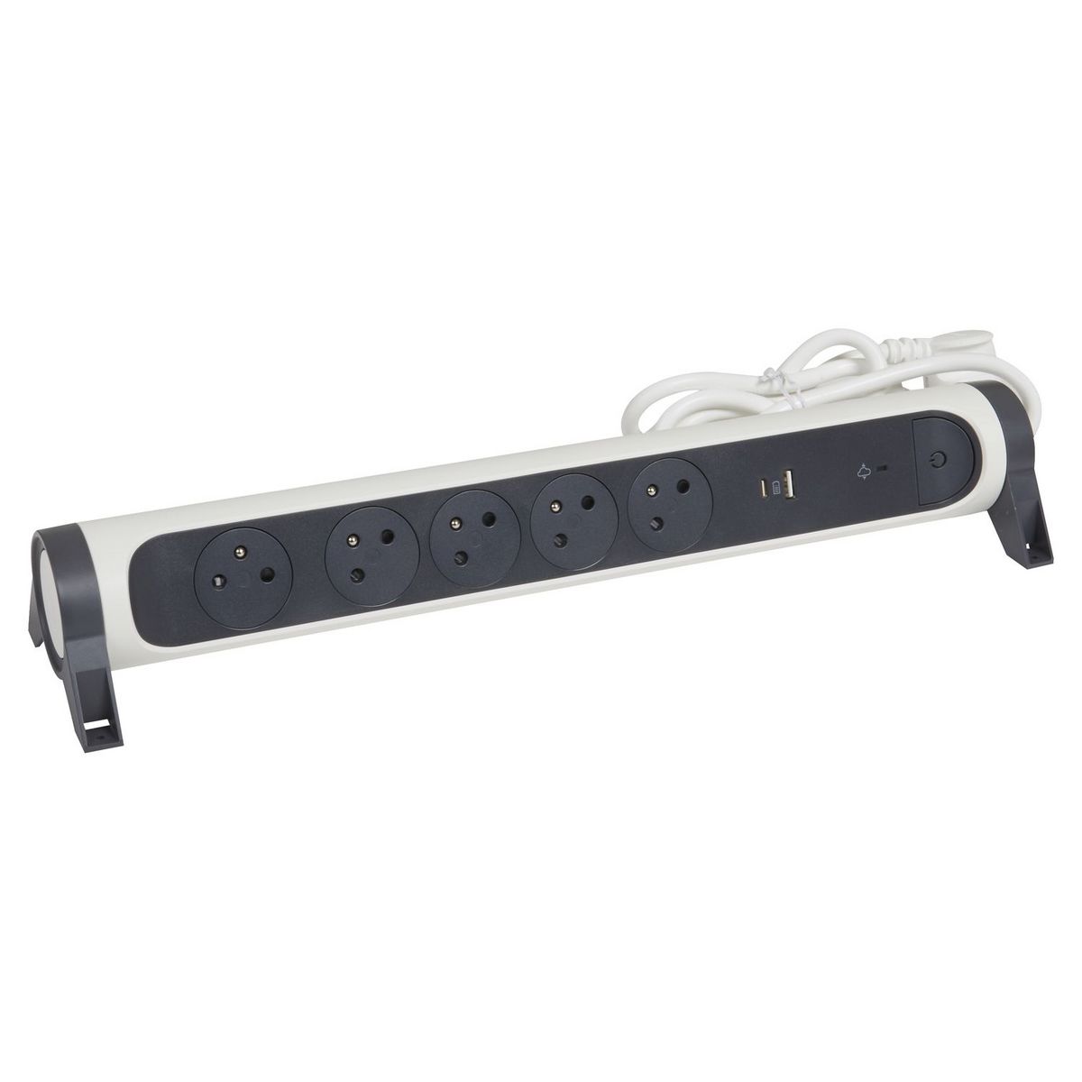 Trefiliaction  Rallonge 5x2P+T Surface - inter, cordon 1,5m, parafoudre et USB A+C- blanc/gris