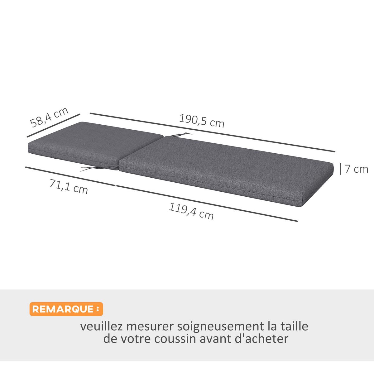 OUTSUNNY Lot de 2 matelas pour transat bain de soleil - dim. 190,5L x 58,4l x 7H cm - cordons d'attache - gris foncé