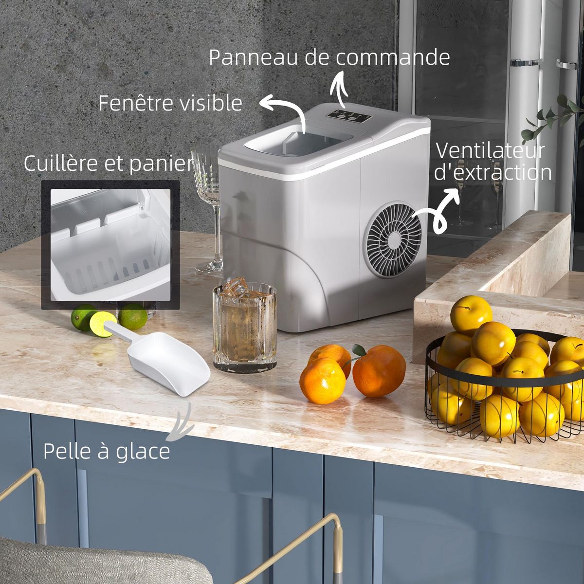 HOMCOM Machine à glaçon 130 W - capacité réservoir eau 2 L - capacité réservoir glace 0,7 Kg - cuillère et panier inclus - PP gris