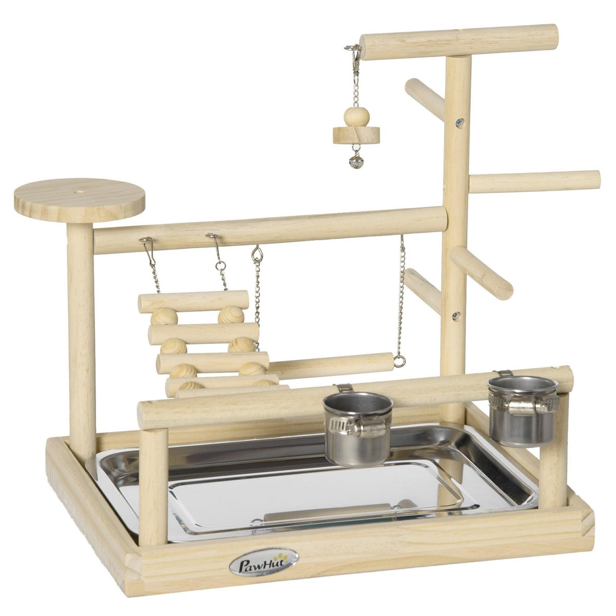 PAWHUT Aire de jeu perchoir pour perroquets, perruches - passerelle, grelot, balançoire, 2 bols, plateau excrément - acier inox. bois de pin