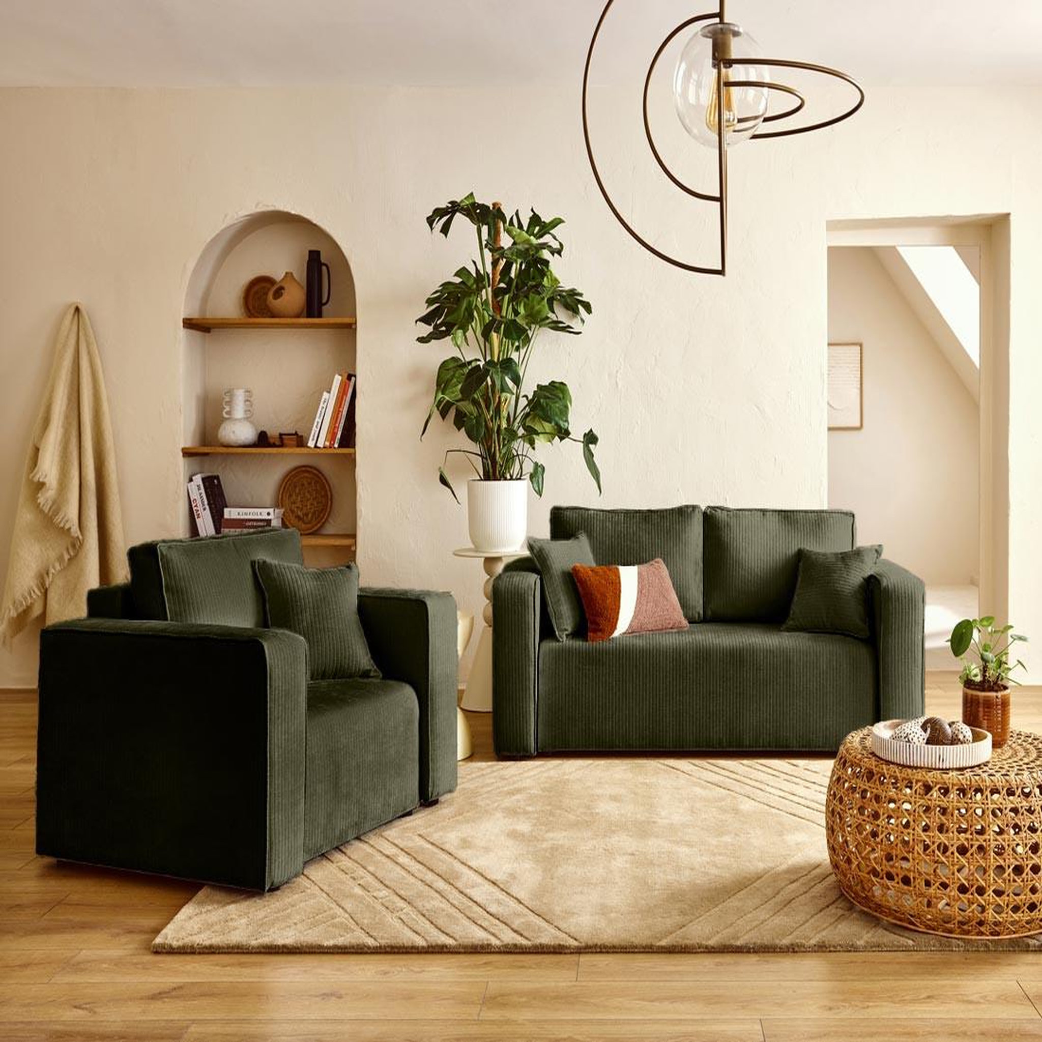 Voir la diapositive 2 : BEST MOBILIER Topaze - canapé droit 2 places en velours côtelé plat