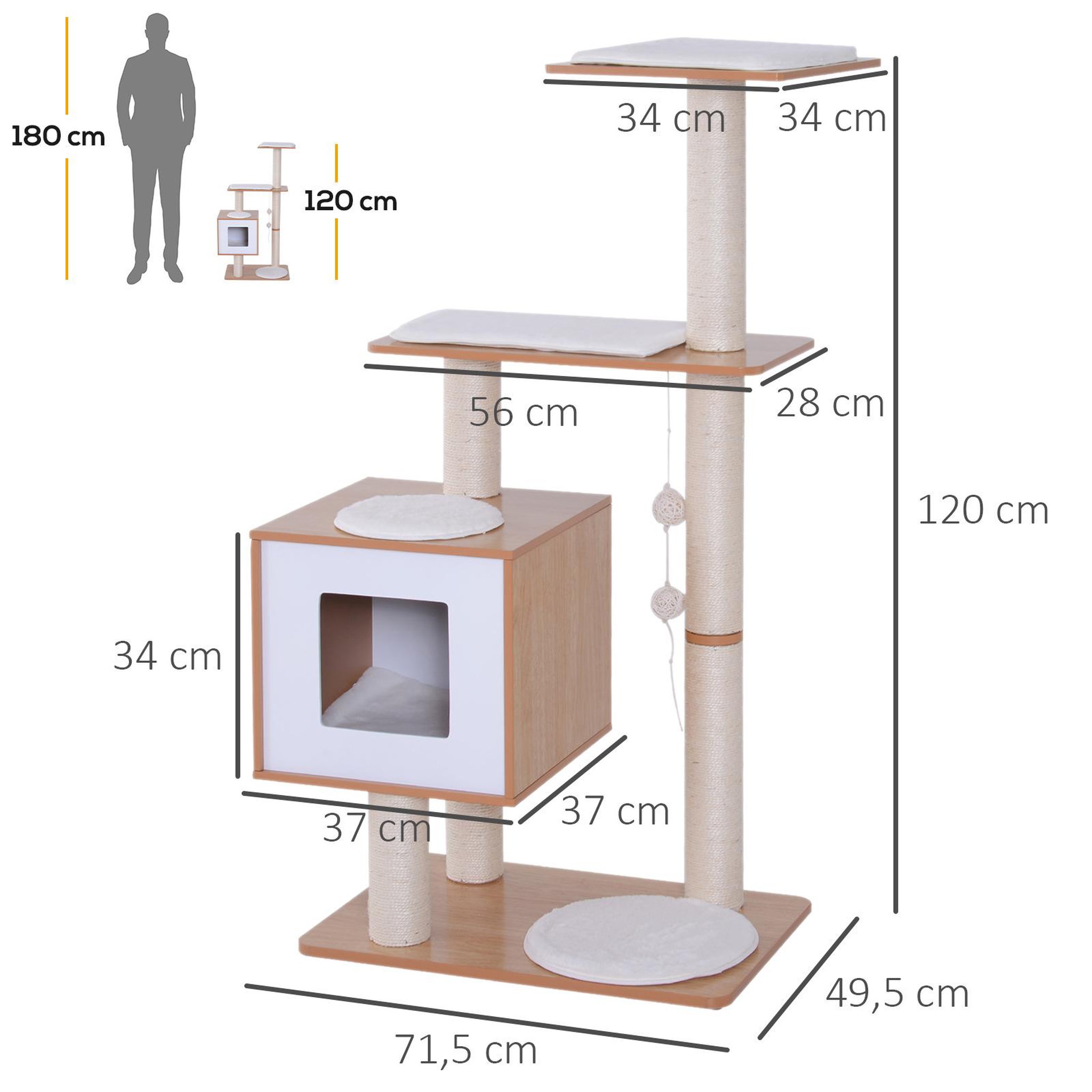 Voir la diapositive 3 : PAWHUT Arbre à chats design contemporain griffoirs grattoirs sisal naturel centre d'activités niche plate-formes jeu boules suspendues 71L x 49l x 120H cm MDF hêtre clair