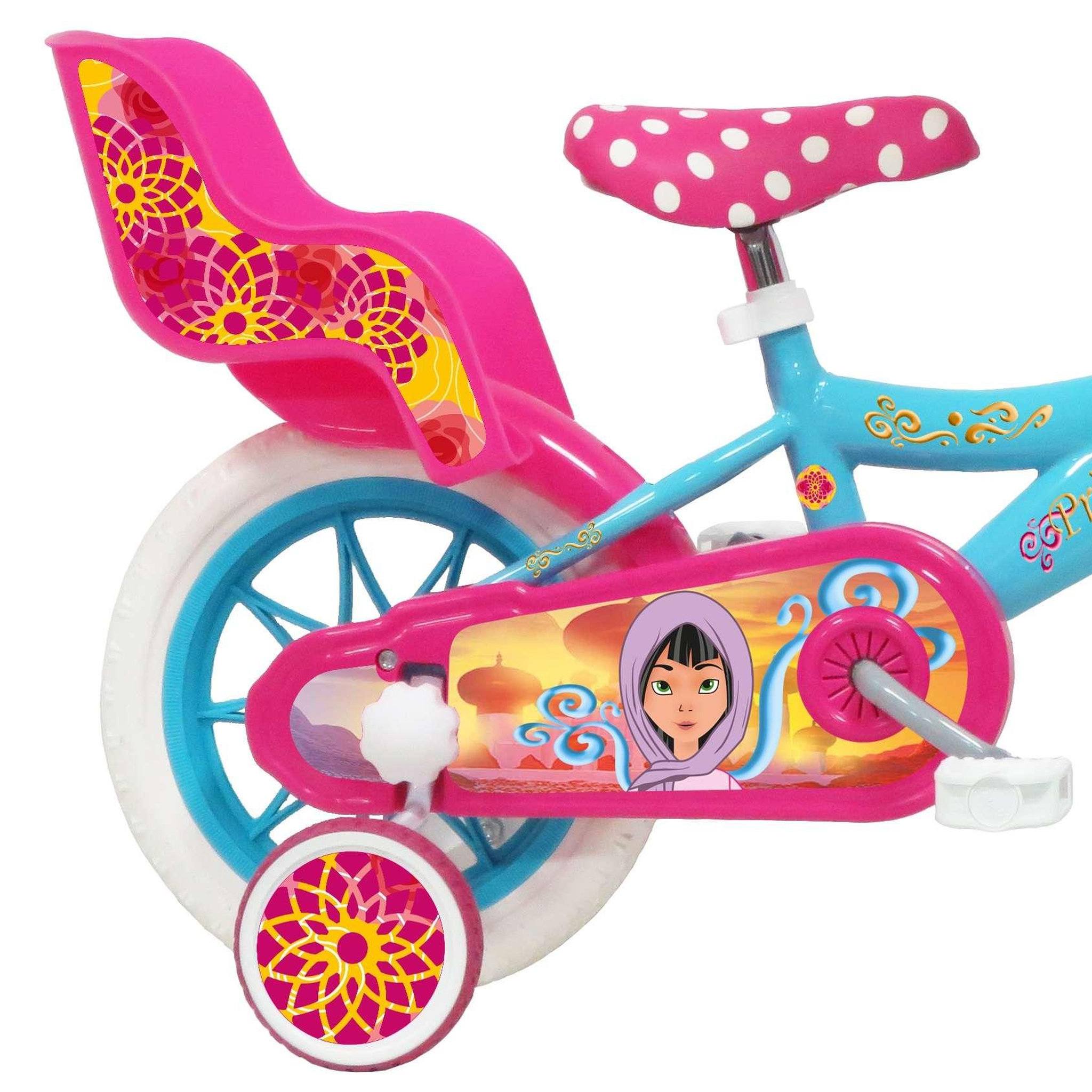 Voir la diapositive 2 : Vélo enfant - Modèle 12''Princesse des sables pour enfant de 85/100 cm avec stabilisateurs - 1 Frein - Panier avant - Porte poupée arrière et roues batons