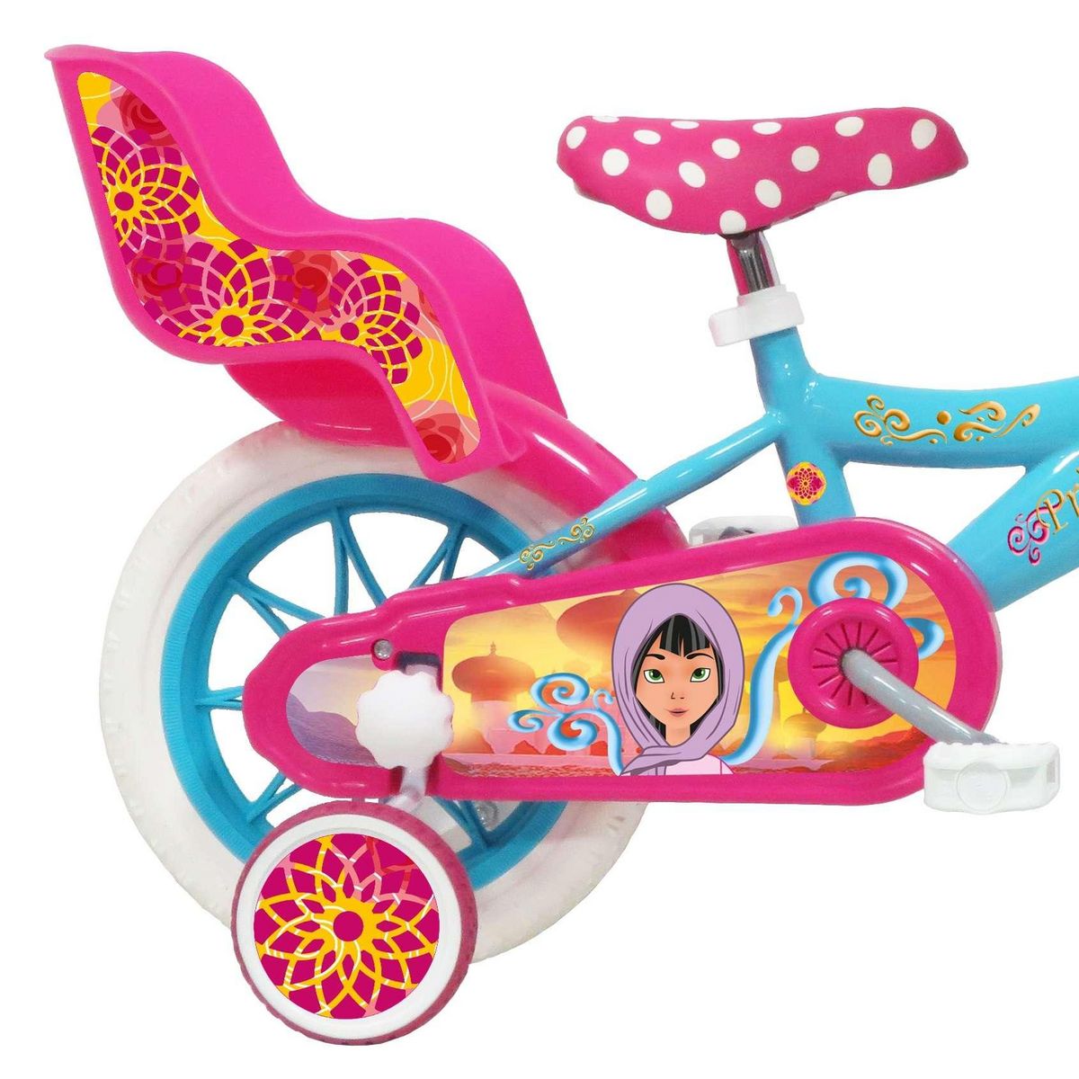 Vélo enfant - Modèle 12''Princesse des sables pour enfant de 85/100 cm avec stabilisateurs - 1 Frein - Panier avant - Porte poupée arrière et roues batons