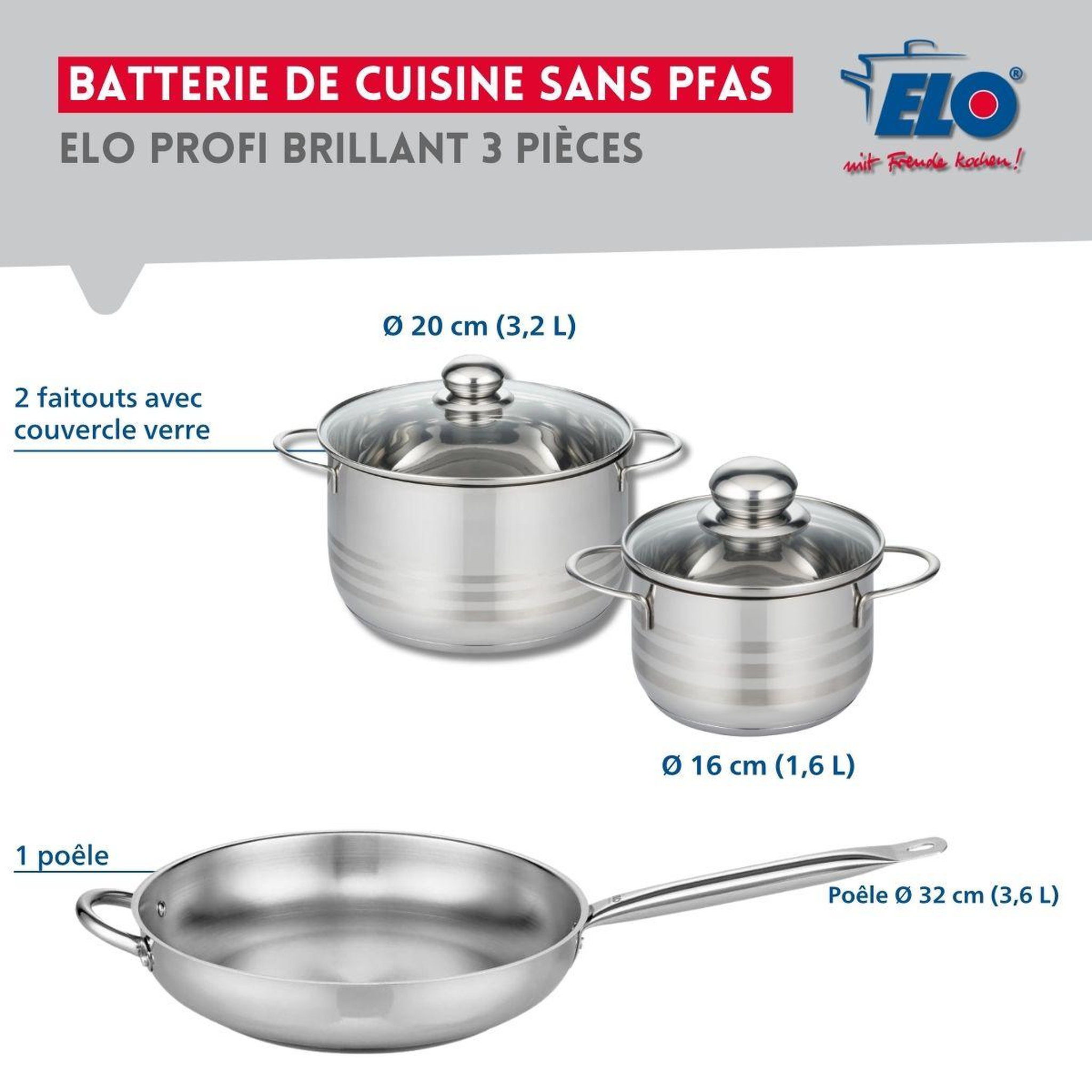 Voir la diapositive 2 : ELO Ensemble de 1 poêle de cuisson 32 cm et 2 faitouts 16 et 20 cm elo profi brillant