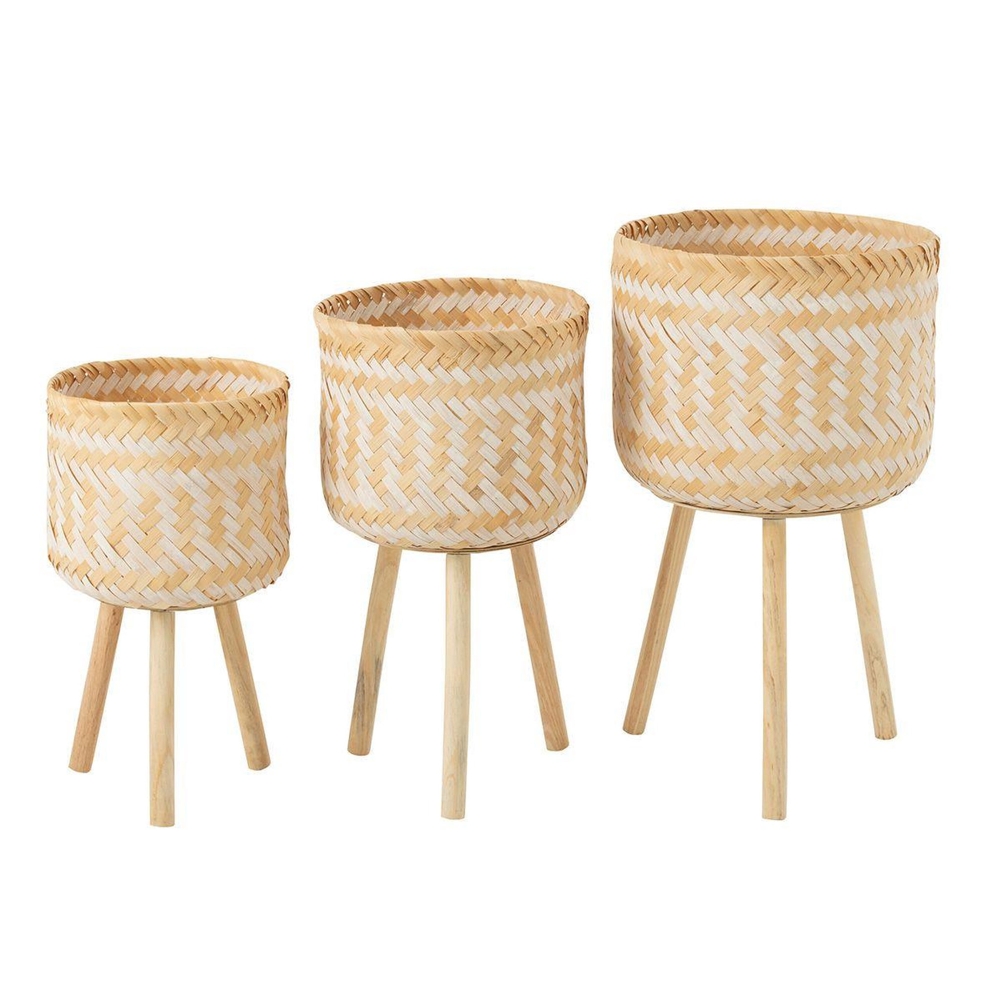 Voir la diapositive 2 : J-LINE Lot de 3 cache-pots sur pied  baudoin  66cm naturel & blanc
