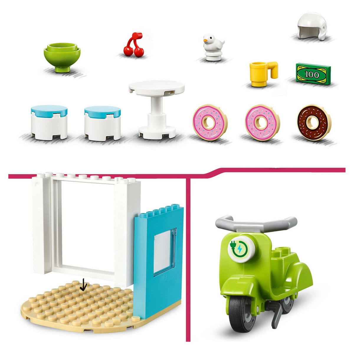 LEGO Friends 41723 Boutique de donuts, Set de Café, Jouet Filles et Garçons 4 Ans avec Mini-Poupées Liane et Léo et Scooter