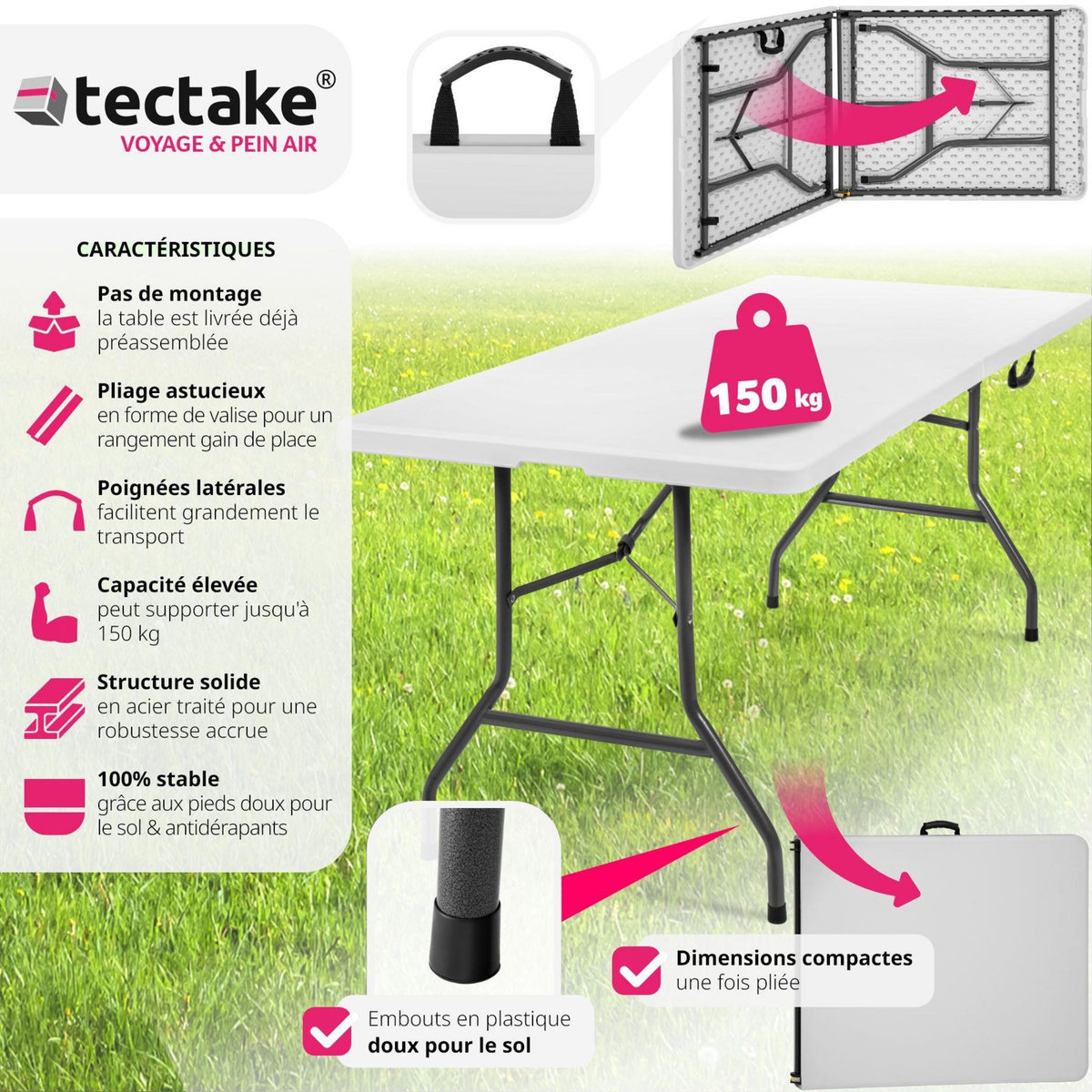 tectake Table de camping pliable blanc