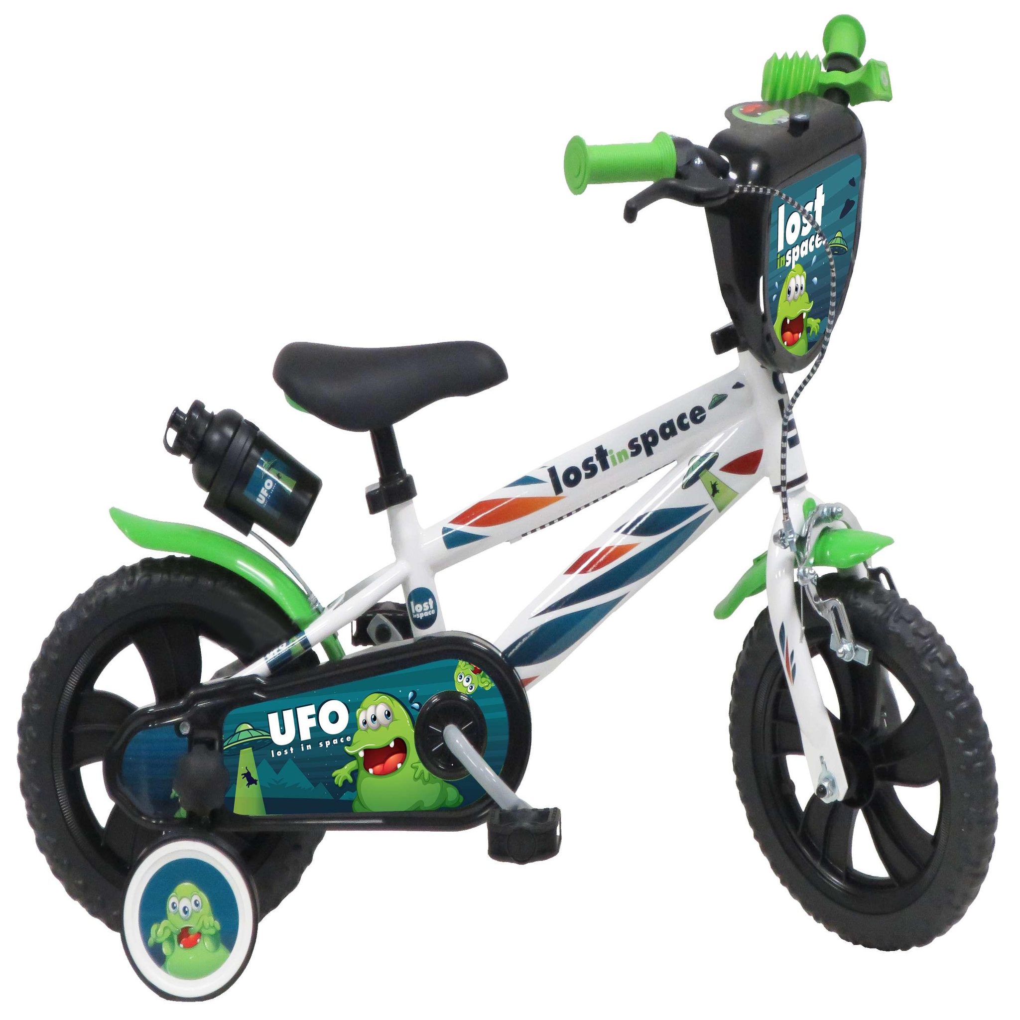 Voir la diapositive 1 : Vélo enfant - Modèle 12'' Garçon pour enfant de 85 à 100 cm avec stabilisateurs - Plaque décorative avant - Bidon arrière - 1 frein et roues à bâtons