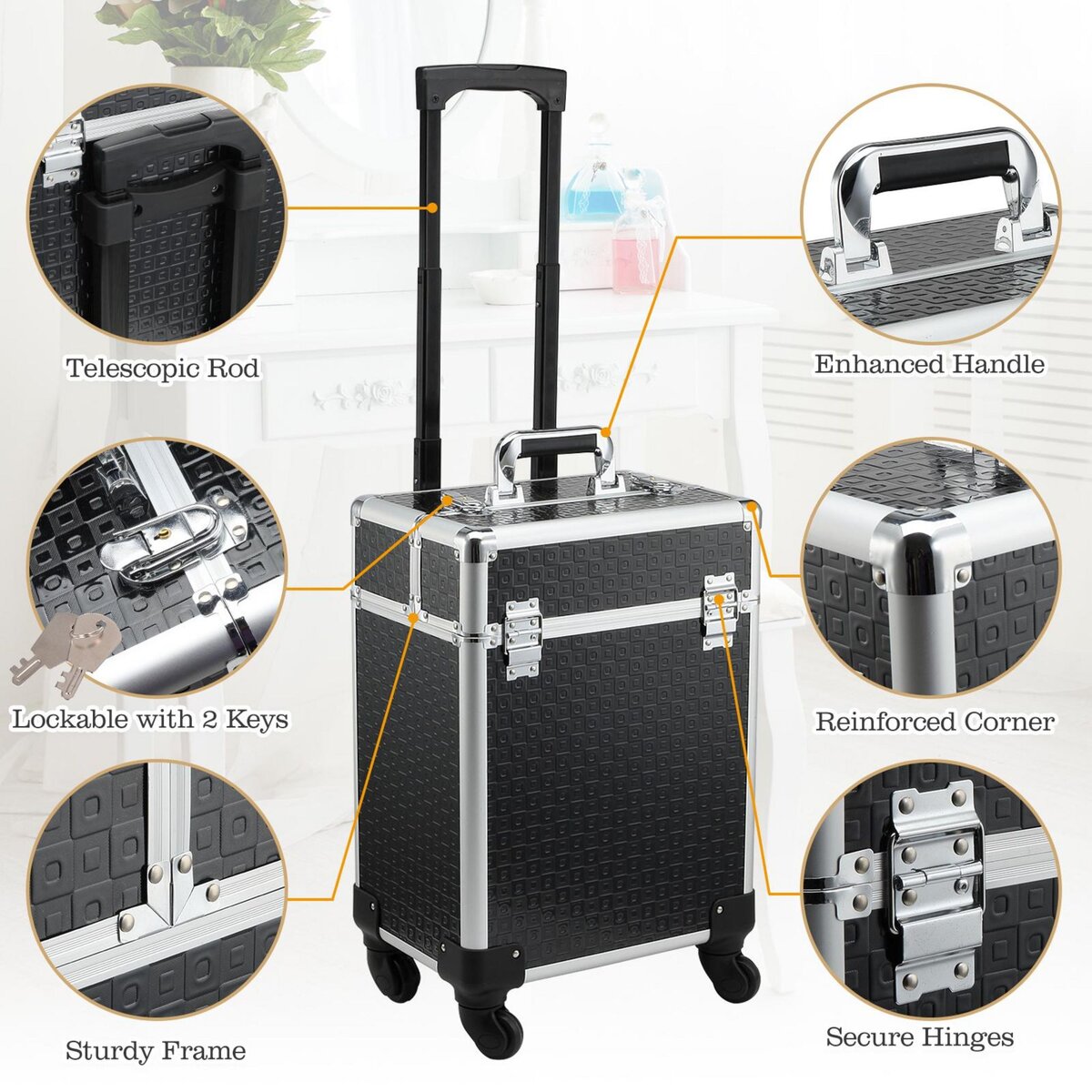 HOMCOM Valise trolley maquillage mallette cosmétique vanity poignée télescopique réglable 34L x 24l x 52H cm alu. noir