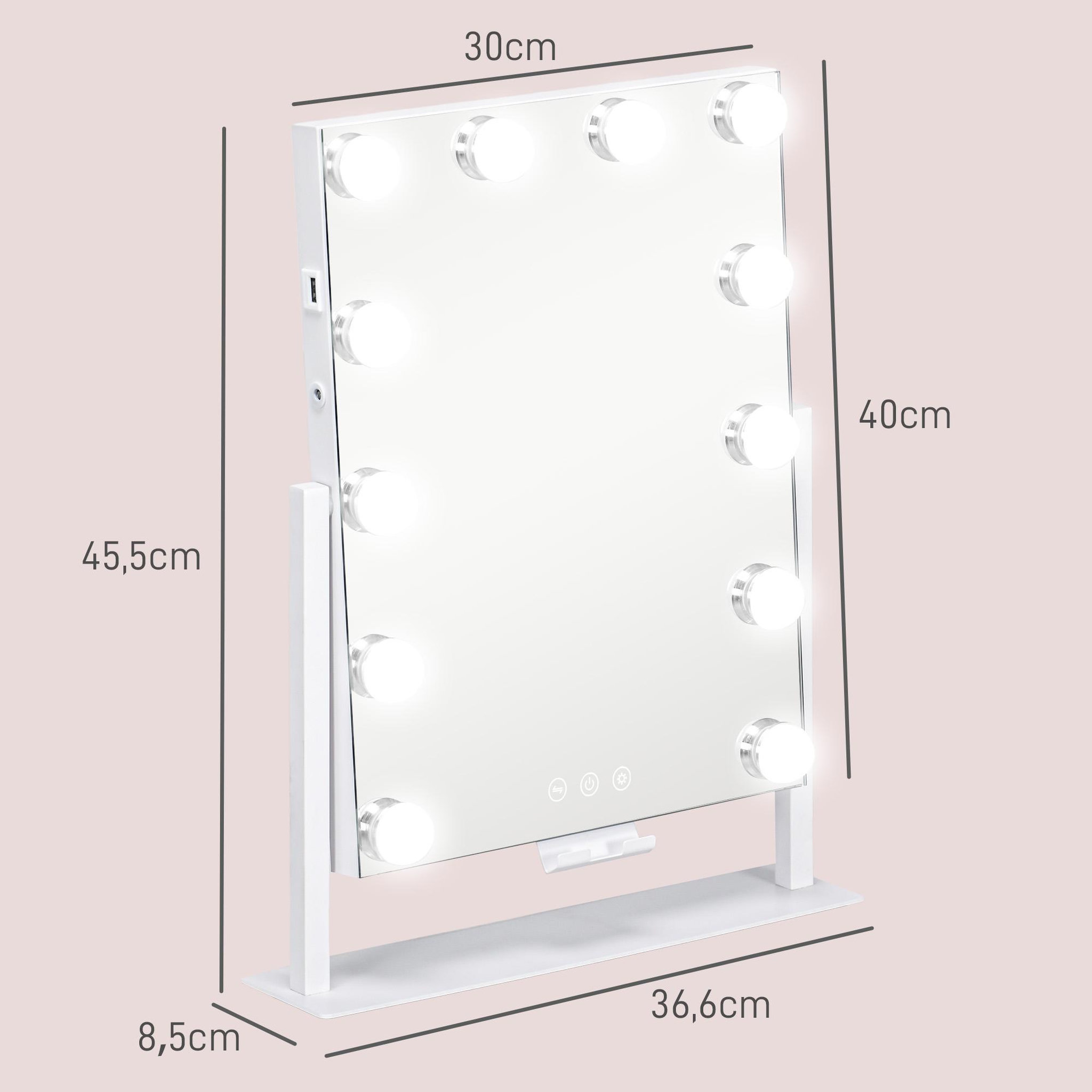 Voir la diapositive 3 : HOMCOM Miroir hollywood led rotatif grossissant dim. 36,5 x 45,5 cm 12 ampoules 3 modes luminosité port charge usb