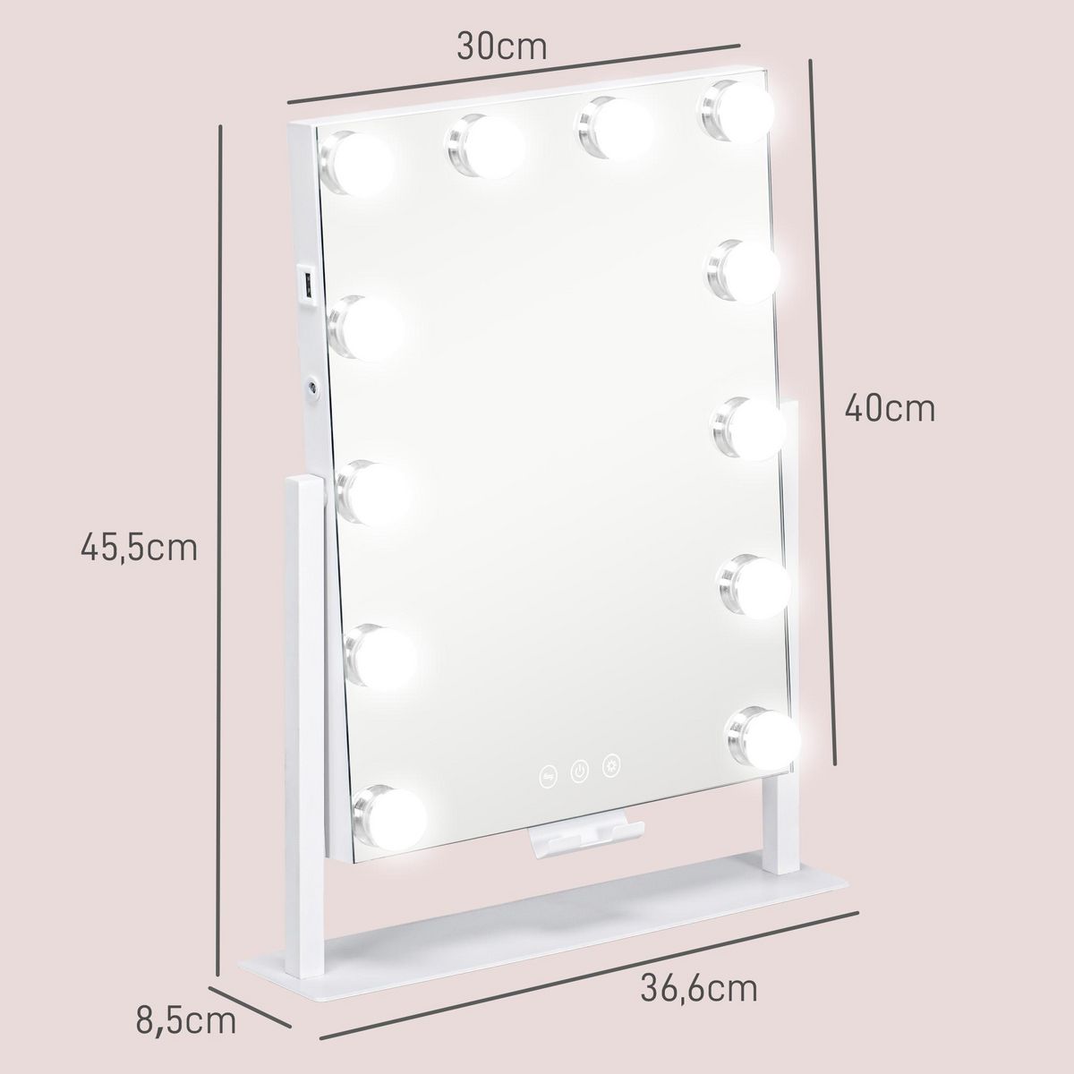 HOMCOM Miroir Hollywood LED rotatif grossissant dim. 36,5 x 45,5 cm 12 ampoules 3 modes luminosité port charge USB