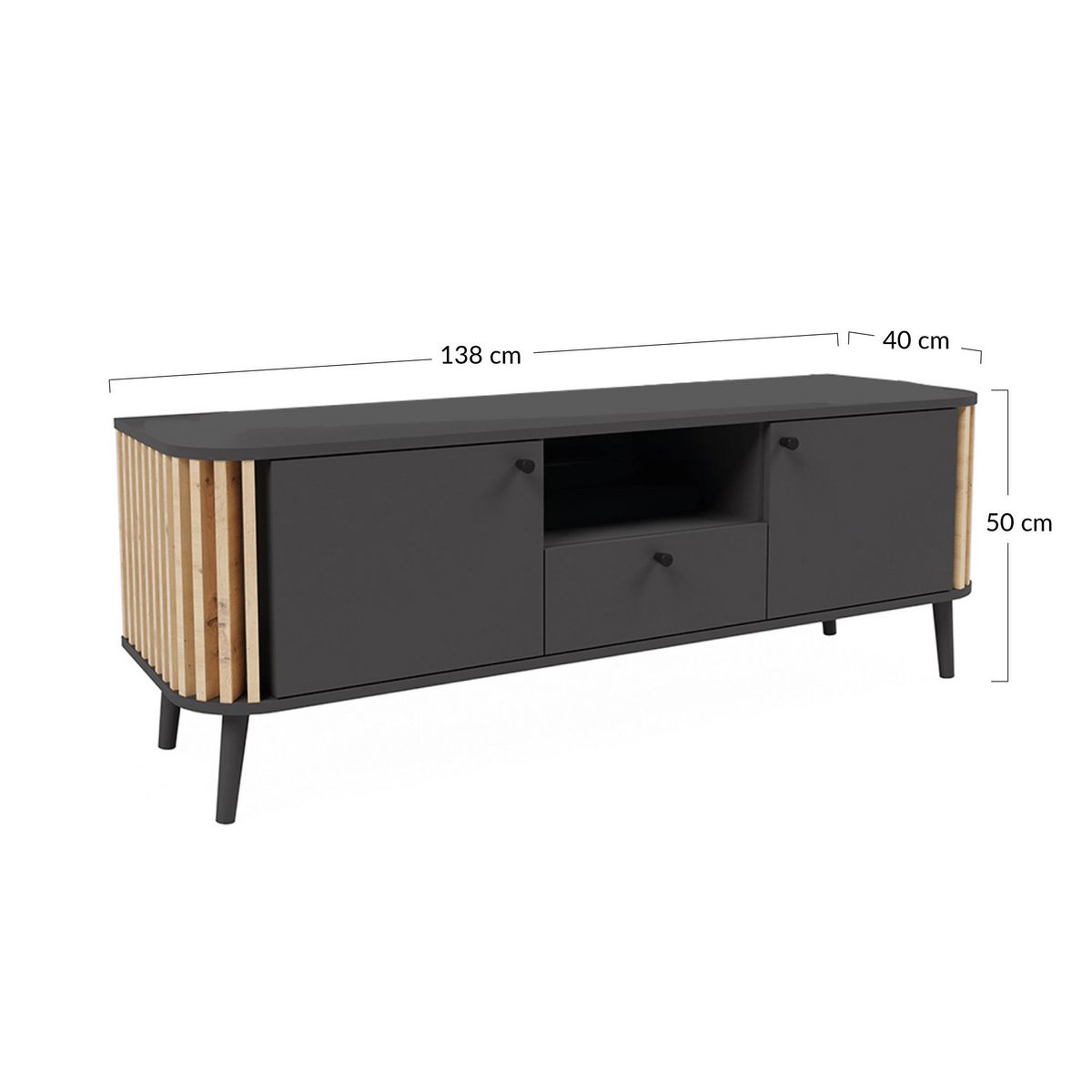 BEST MOBILIER Camberwell - meuble tv - gris et effet bois - 2 portes, 1 tiroir et 1 niche - 138 cm