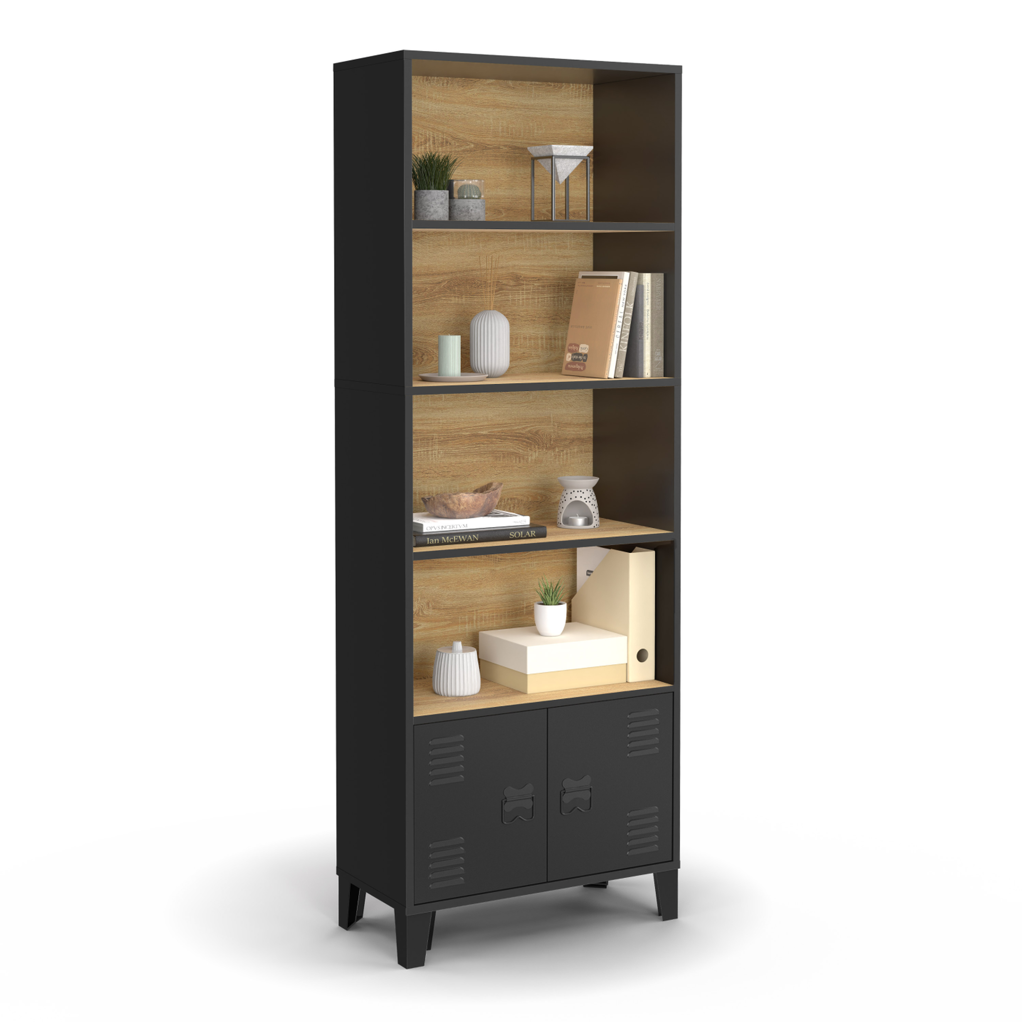 ID MARKET Etagère bibliothèque 5 niveaux avec placard ester portes métal noir et plateau bois design industriel
