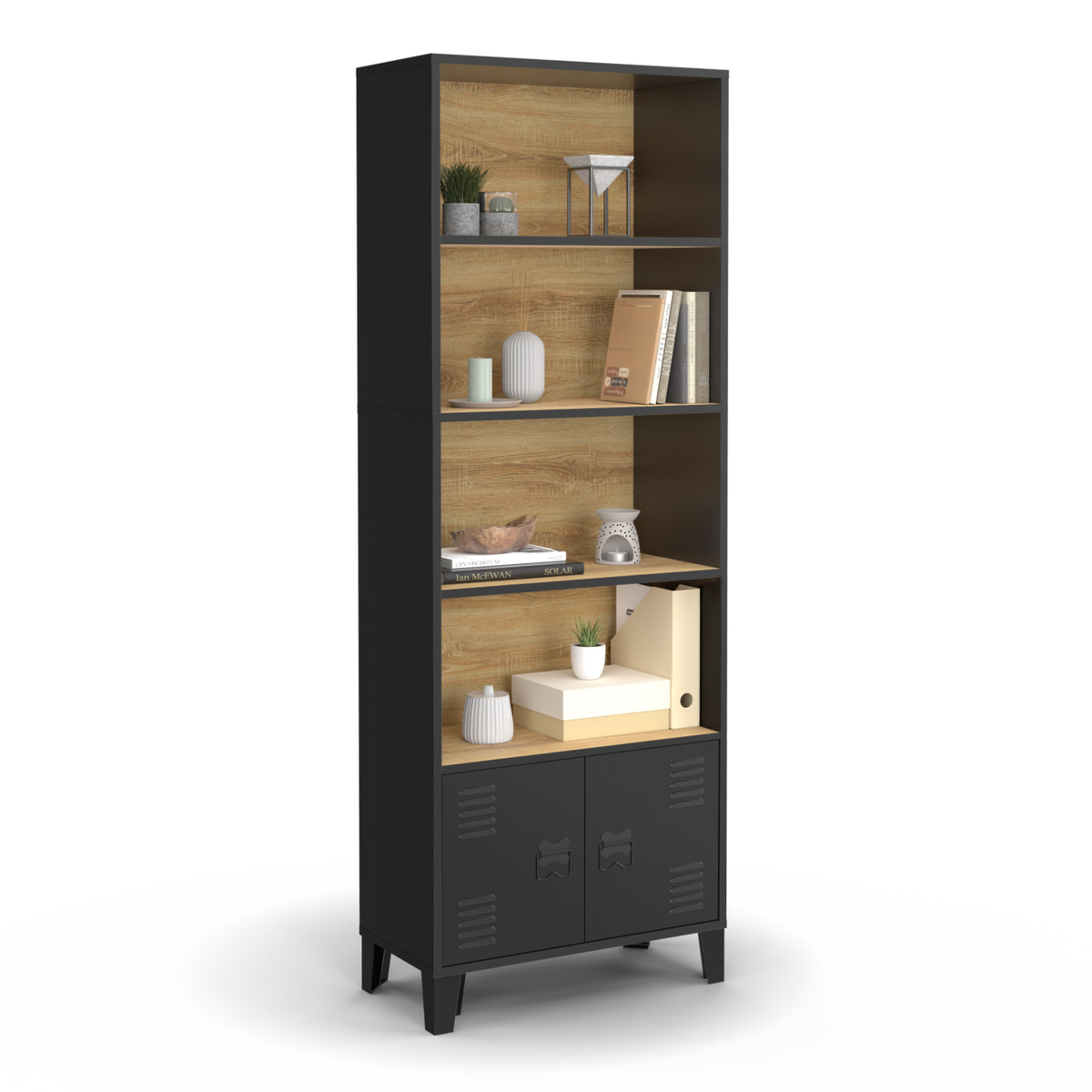 ID MARKET Etagère bibliothèque 5 niveaux avec placard ESTER portes métal noir et plateau bois design industriel