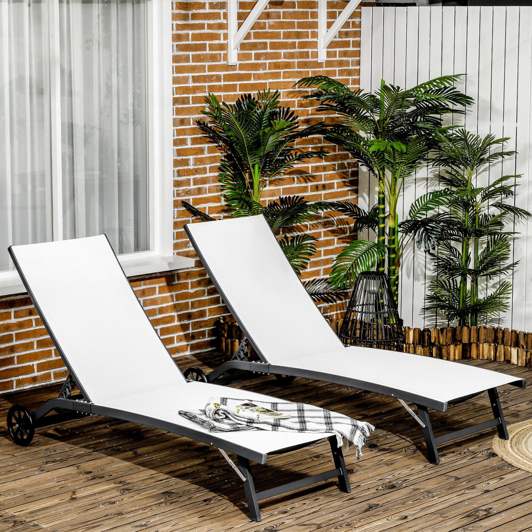 Voir la diapositive 2 : OUTSUNNY Lot de 2 bains de soleil transats inclinables - 2 roulettes - alu. textilène crème