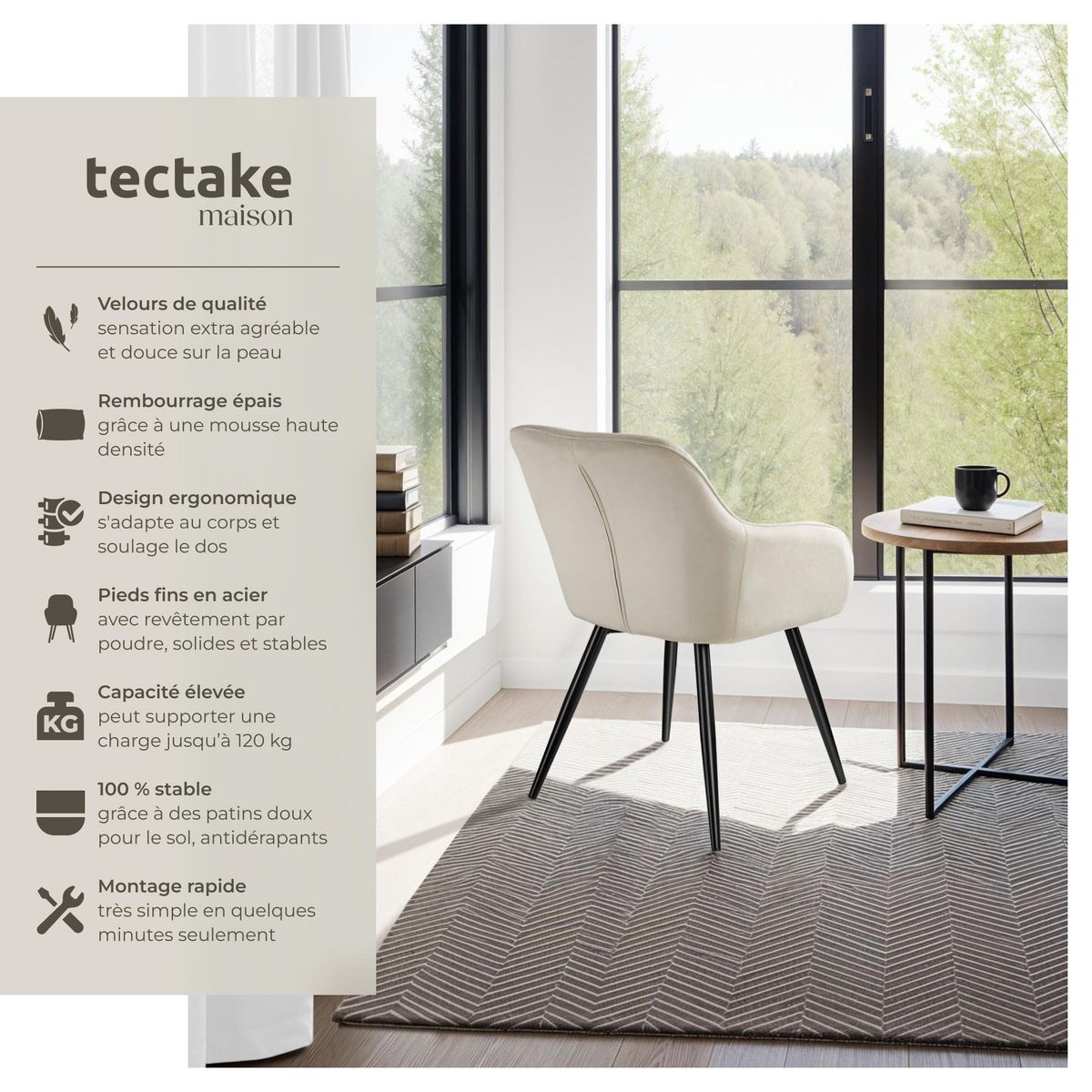 tectake Chaise style scandinave rembourrée aspect velours crème/noir