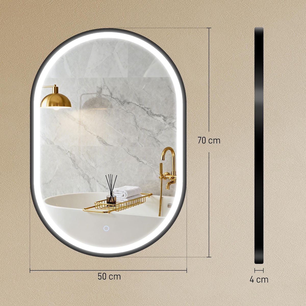 HOMCOM Miroir salle de bain LED design ovale 50 x 70 cm anti-buée dimmable tactile réglable verre trempé alu noir