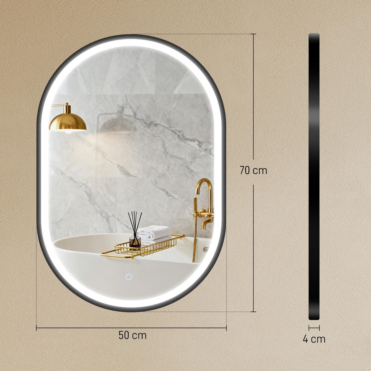 HOMCOM Miroir salle de bain LED design ovale 50 x 70 cm anti-buée dimmable tactile réglable verre trempé alu noir