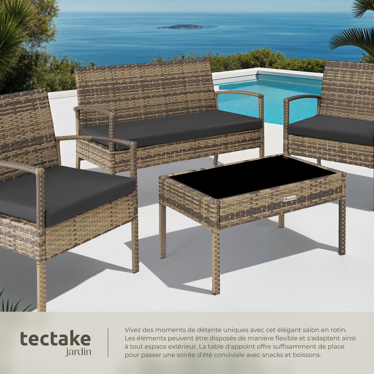 tectake Salon de jardin pour 4 personnes marron naturel
