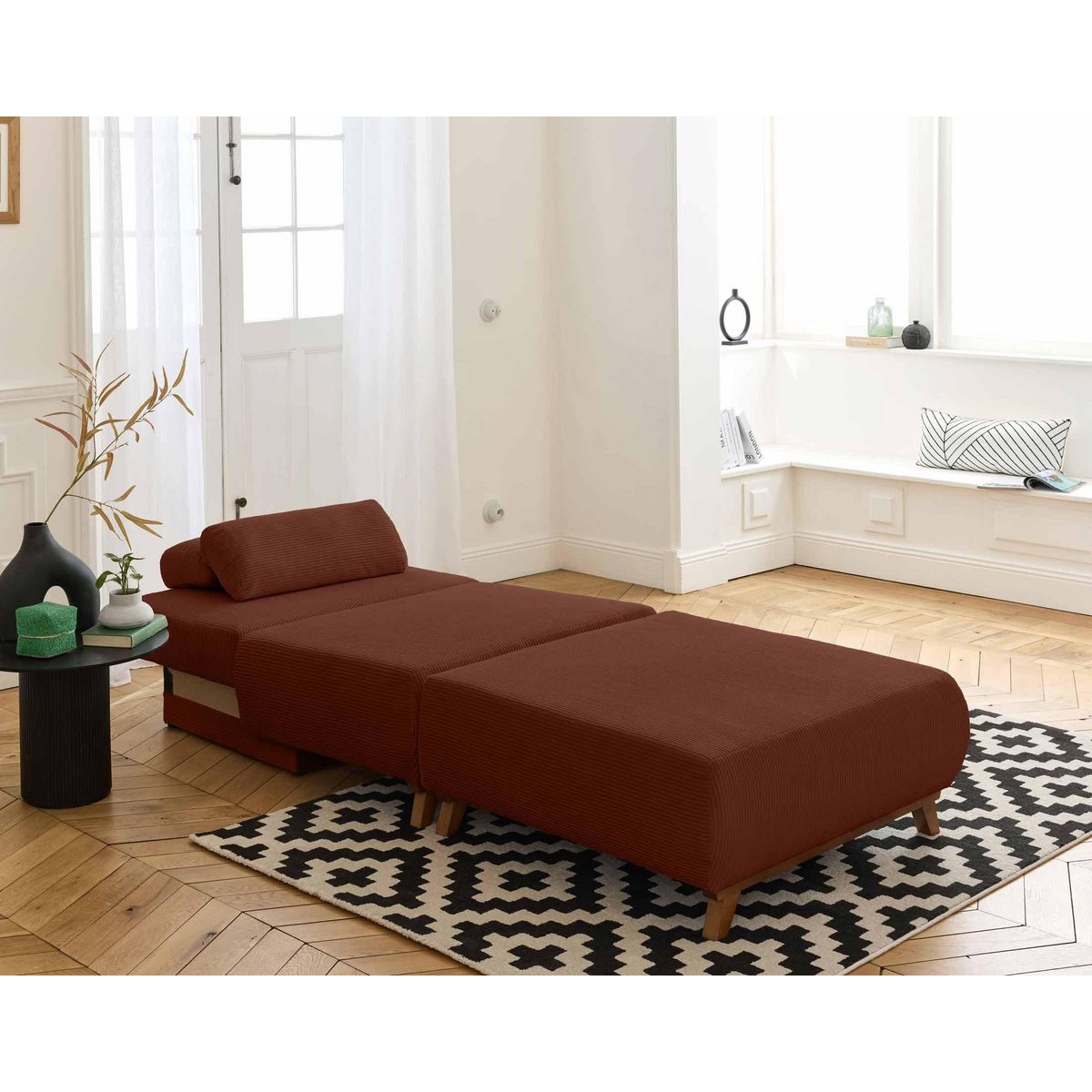 BEST MOBILIER Cristal - fauteuil - convertible avec coffre et grand pouf - en velours côtelé