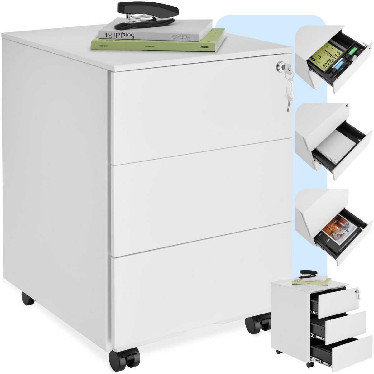 tectake Caisson de bureau à roulettes en acier laqué époxy blanc