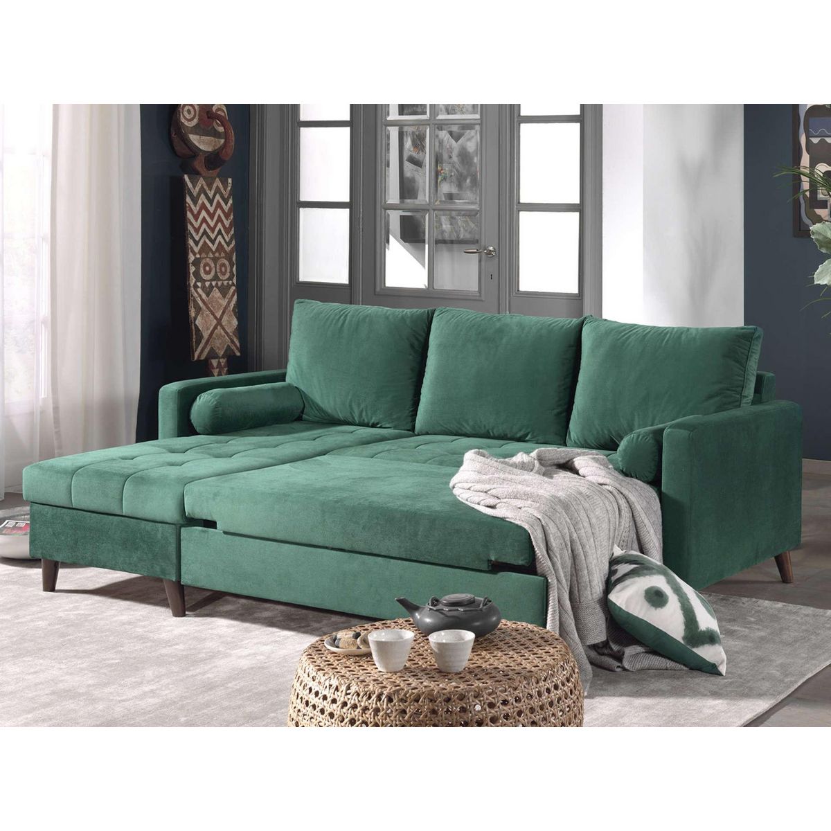 BEST MOBILIER Polar - canapé d'angle réversible convertible - en velours au design scandinave - 4 places