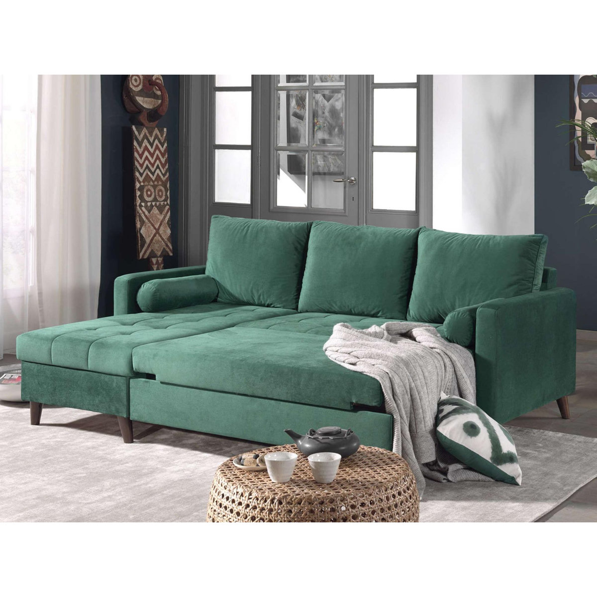 BEST MOBILIER Polar - canapé d'angle réversible convertible - en velours au design scandinave - 4 places