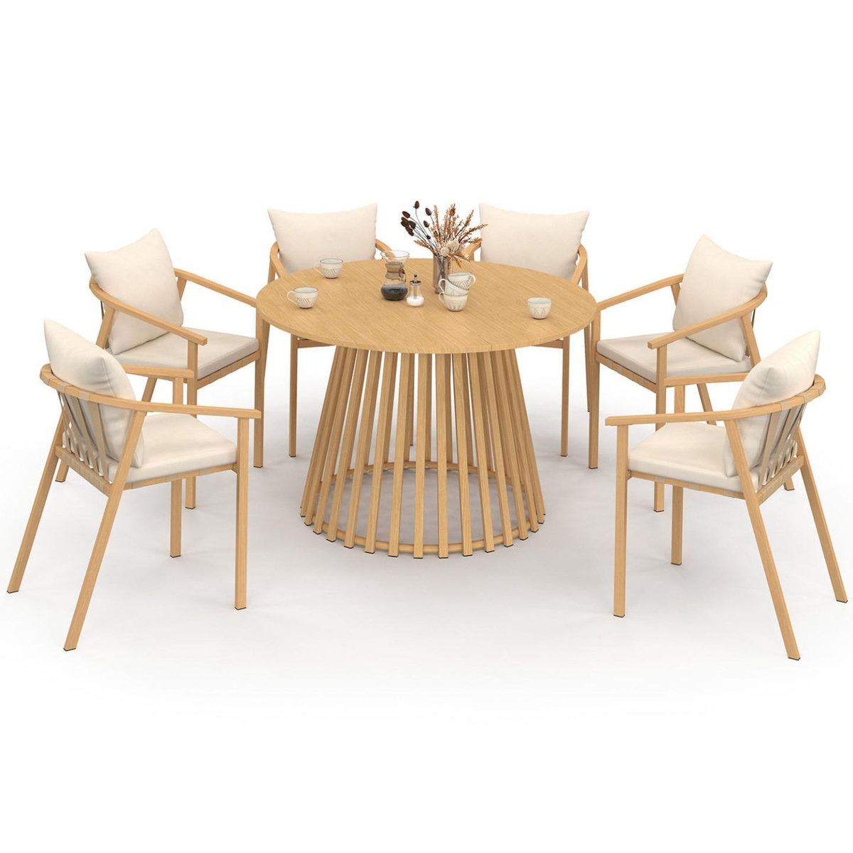 ID MARKET Salon de jardin SOLAL table ronde 120 cm avec pied lattes en métal et 6 chaises de jardin avec lanières et coussins beiges
