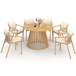 ID MARKET Salon de jardin SOLAL table ronde 120 cm avec pied lattes en métal et 6 chaises de jardin avec lanières et coussins beiges