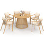 Voir la diapositive 1 : ID MARKET Salon de jardin SOLAL table ronde 120 cm avec pied lattes en métal et 6 chaises de jardin avec lanières et coussins beiges