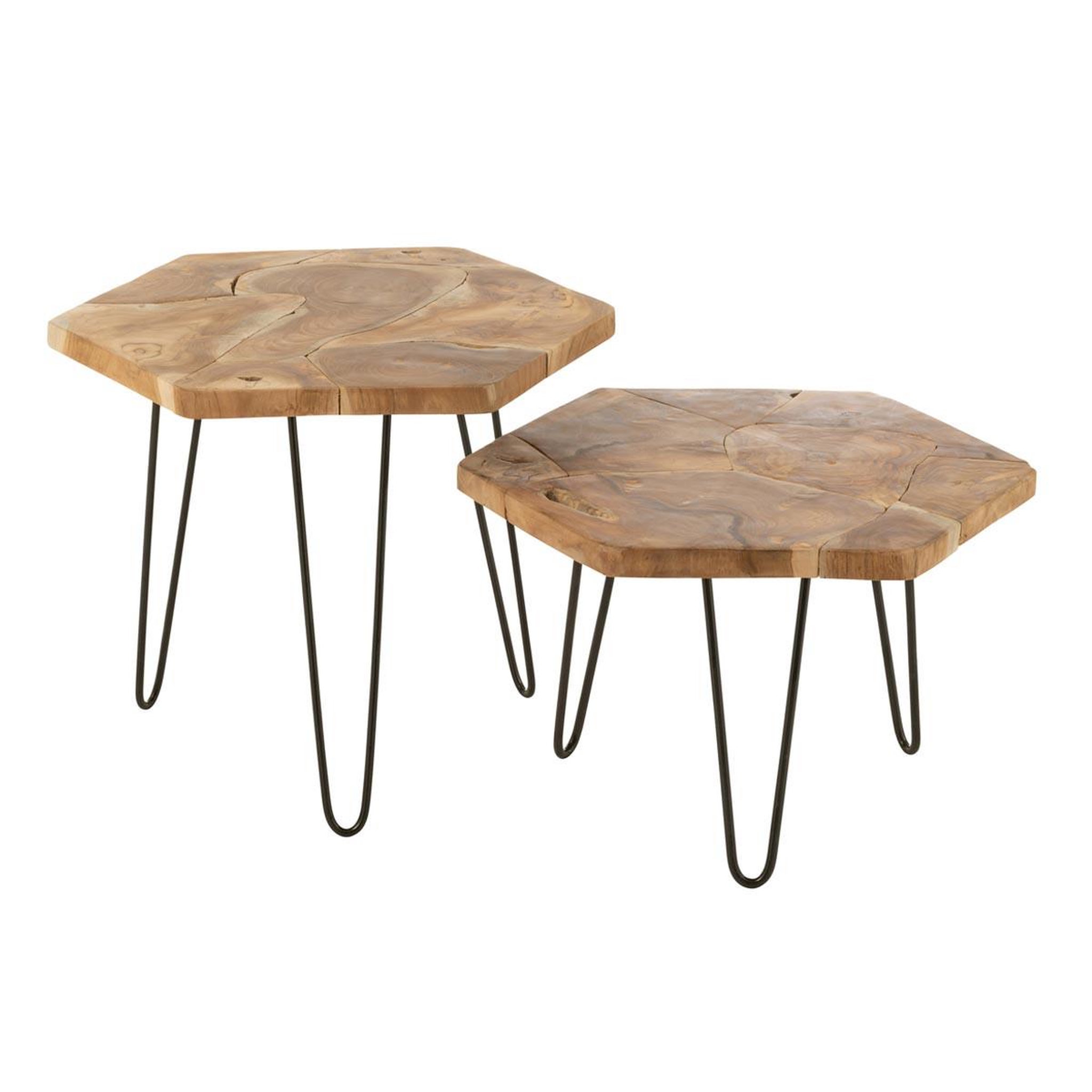J-LINE Lot de 2 tables d'appoint en teck  hexa  58cm naturel