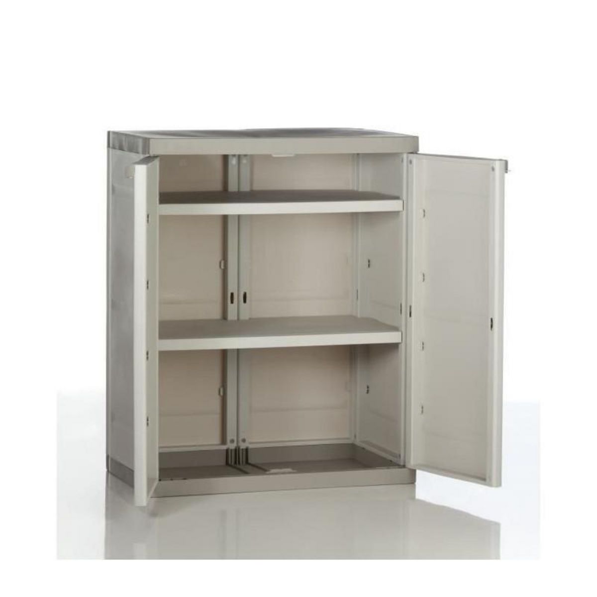 PLASTIKEN TITANIUM PLASTIKEN Armoire basse 2 portes avec etageres l70 x p44 x h88 cm Beige et Taupe Gamme TITANIUM Interieur/Exterieur