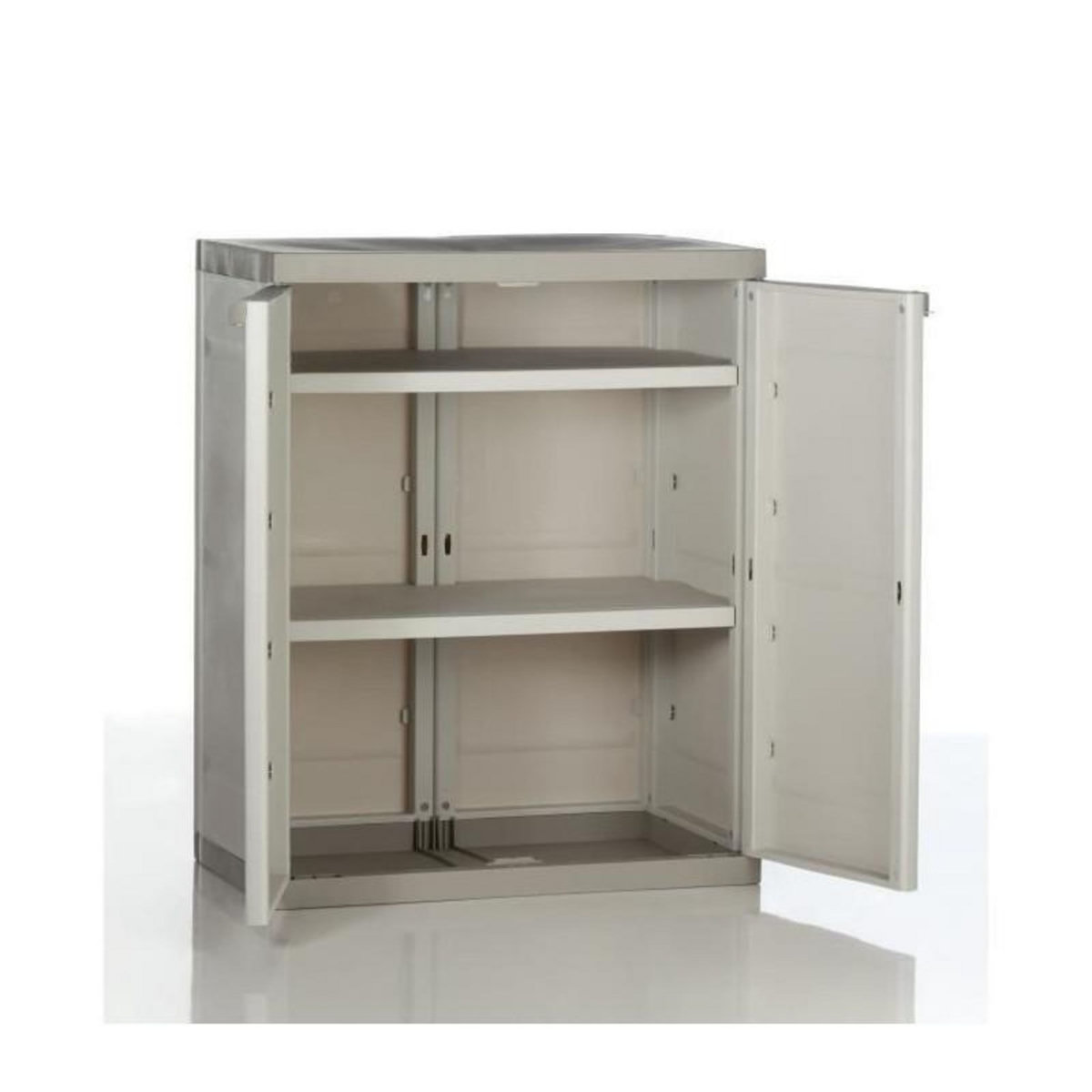 PLASTIKEN TITANIUM PLASTIKEN Armoire basse 2 portes avec etageres l70 x p44 x h88 cm Beige et Taupe Gamme TITANIUM Interieur/Exterieur