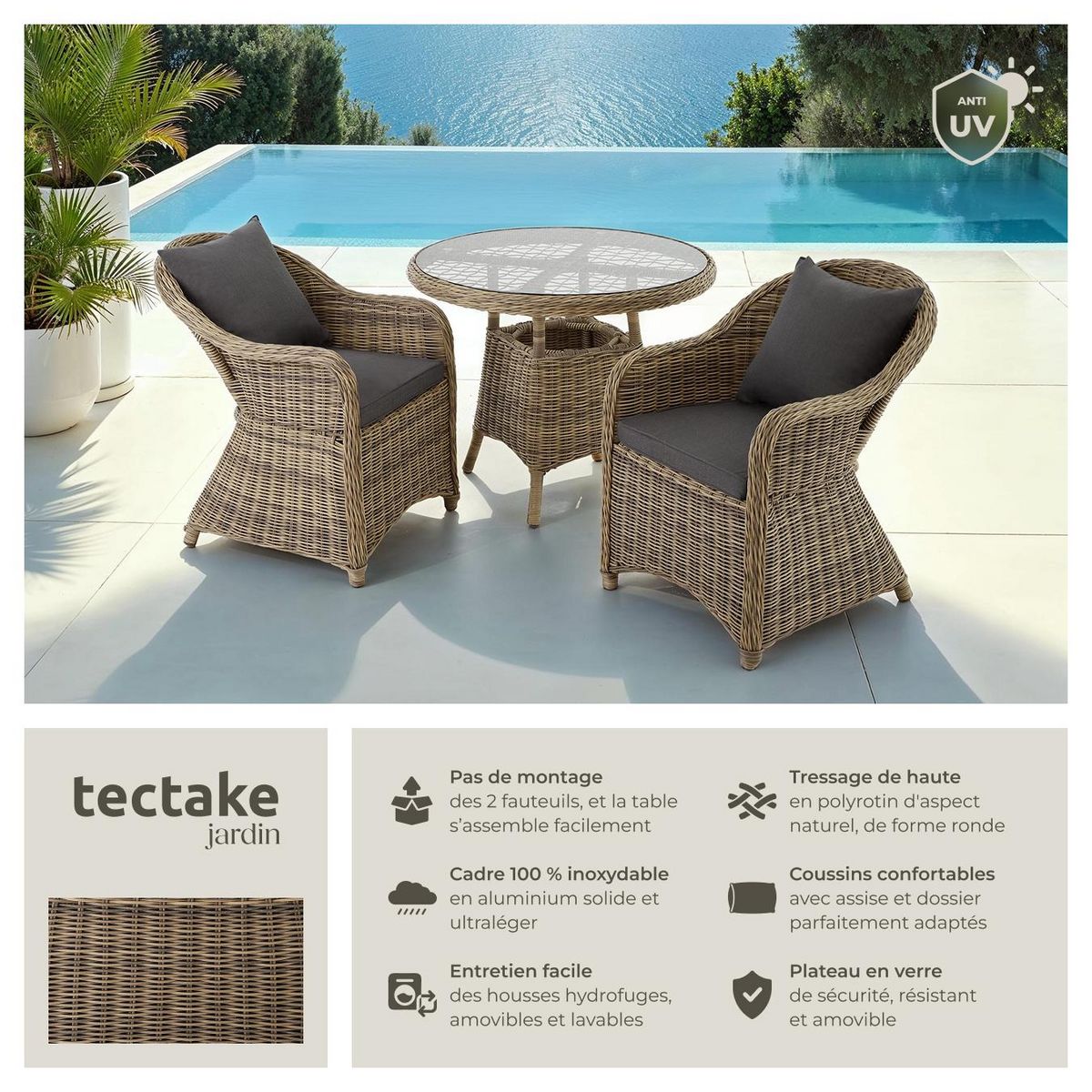 tectake Salon de jardin avec cadre en aluminium marron naturel