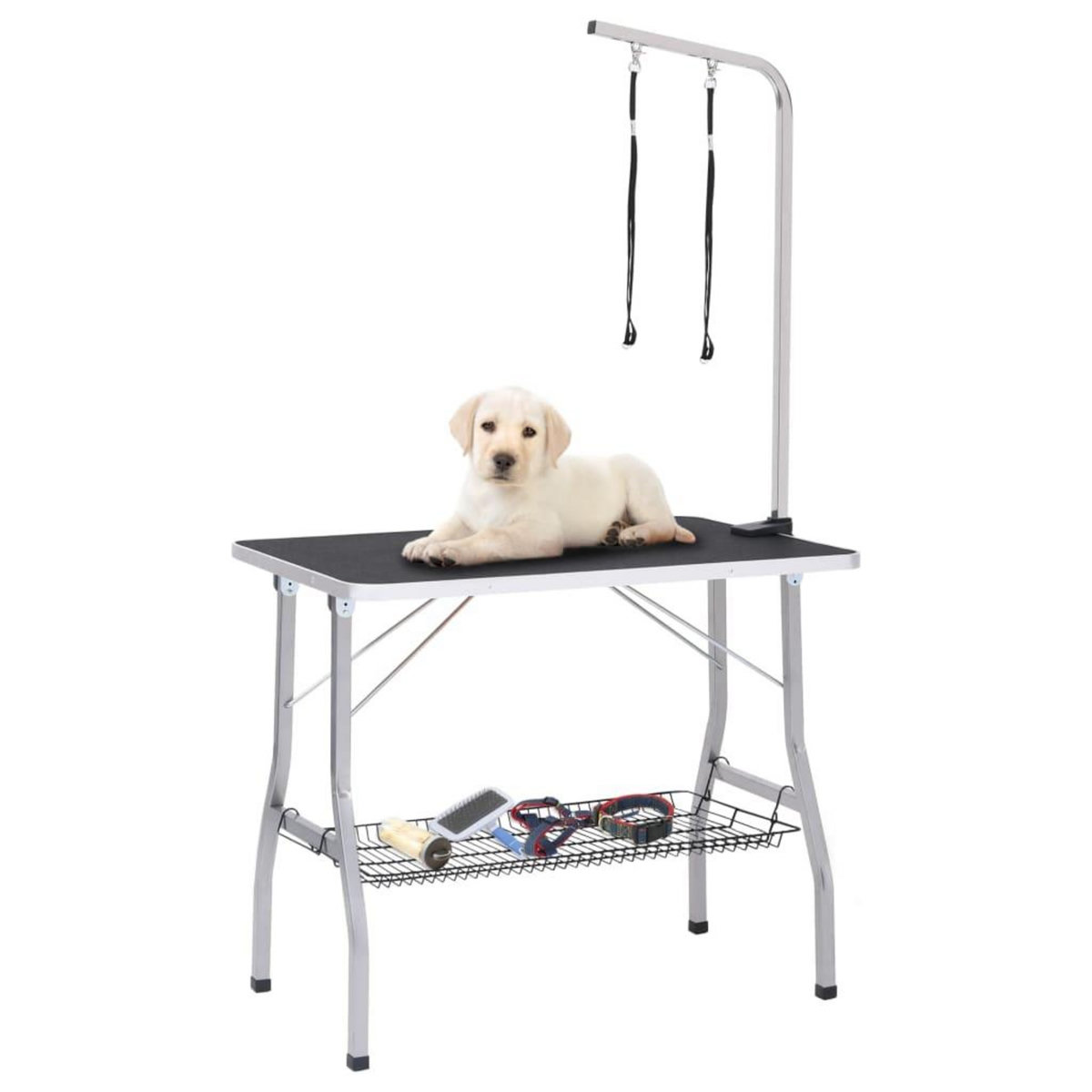 VIDAXL Table de toilettage reglable de chiens avec 2 boucles et panier