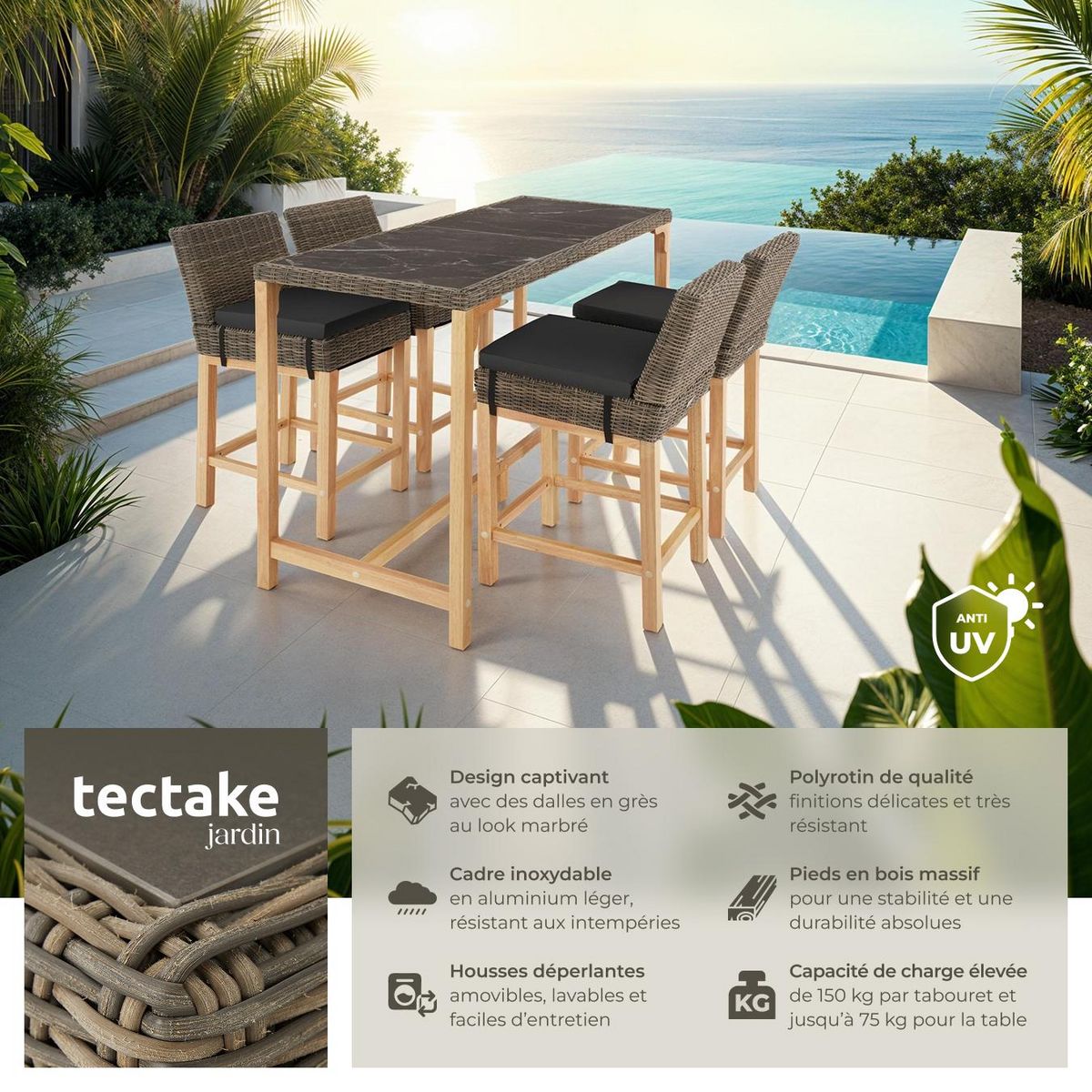tectake Ensemble table en rotin avec 4 chaises avec cadre en aluminium marron naturel