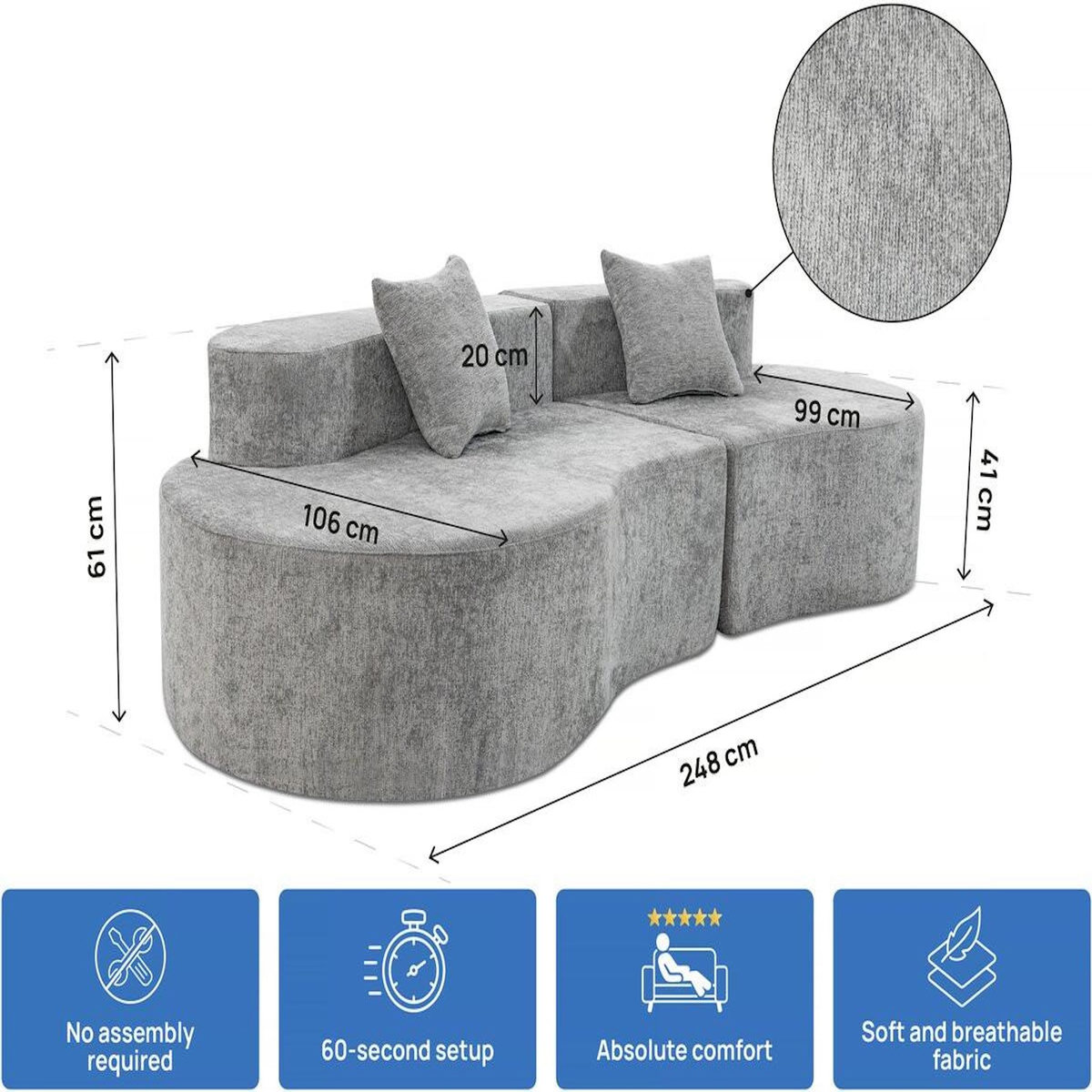 Habitat et Jardin Canapé virgule en tissu texturé  Avola  - 3 places - Gris