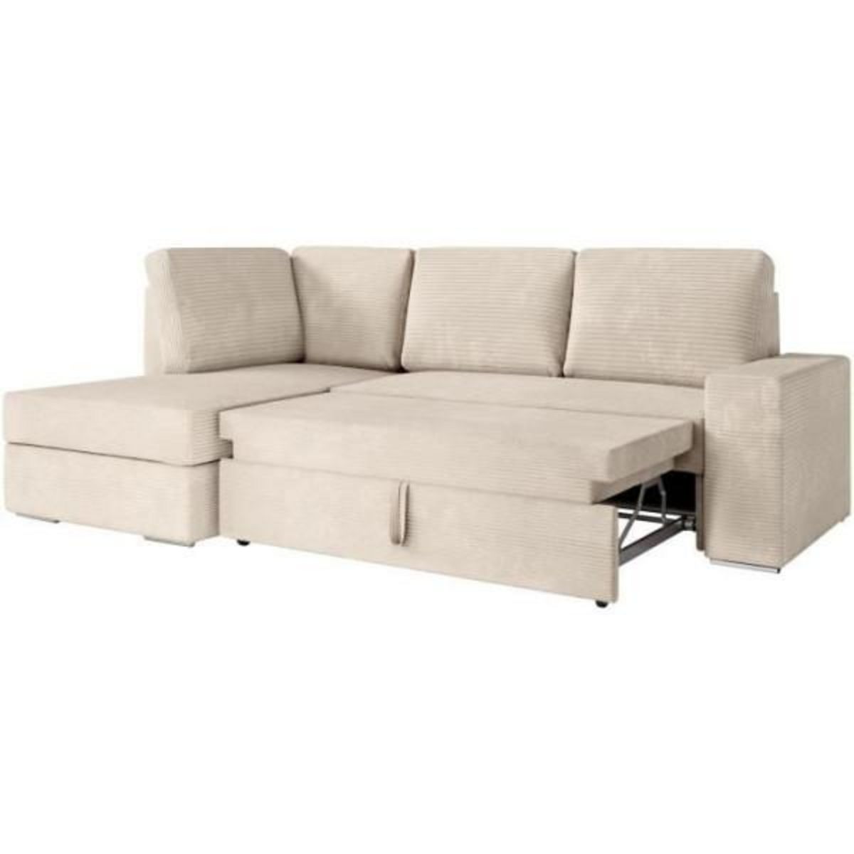 LOUNGITUDE Canapé d'angle gauche 3 places convertible ADEN avec coffre en velours côtelé - Beige - L246 x P174 x H96cm - LOUNGITUDE