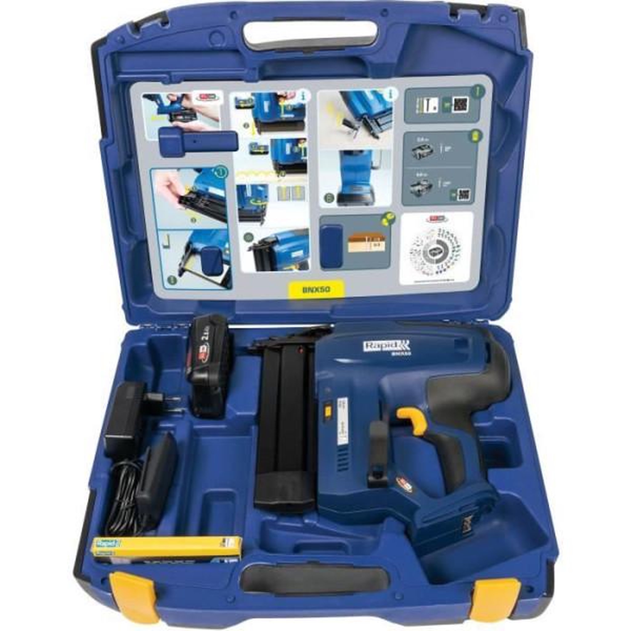 Voir la diapositive 5 : RAPID Cloueur a batterie 18v pour 8/20-50mm - rapid - bnx50 - coffret + batterie 2.5ah + chargeur