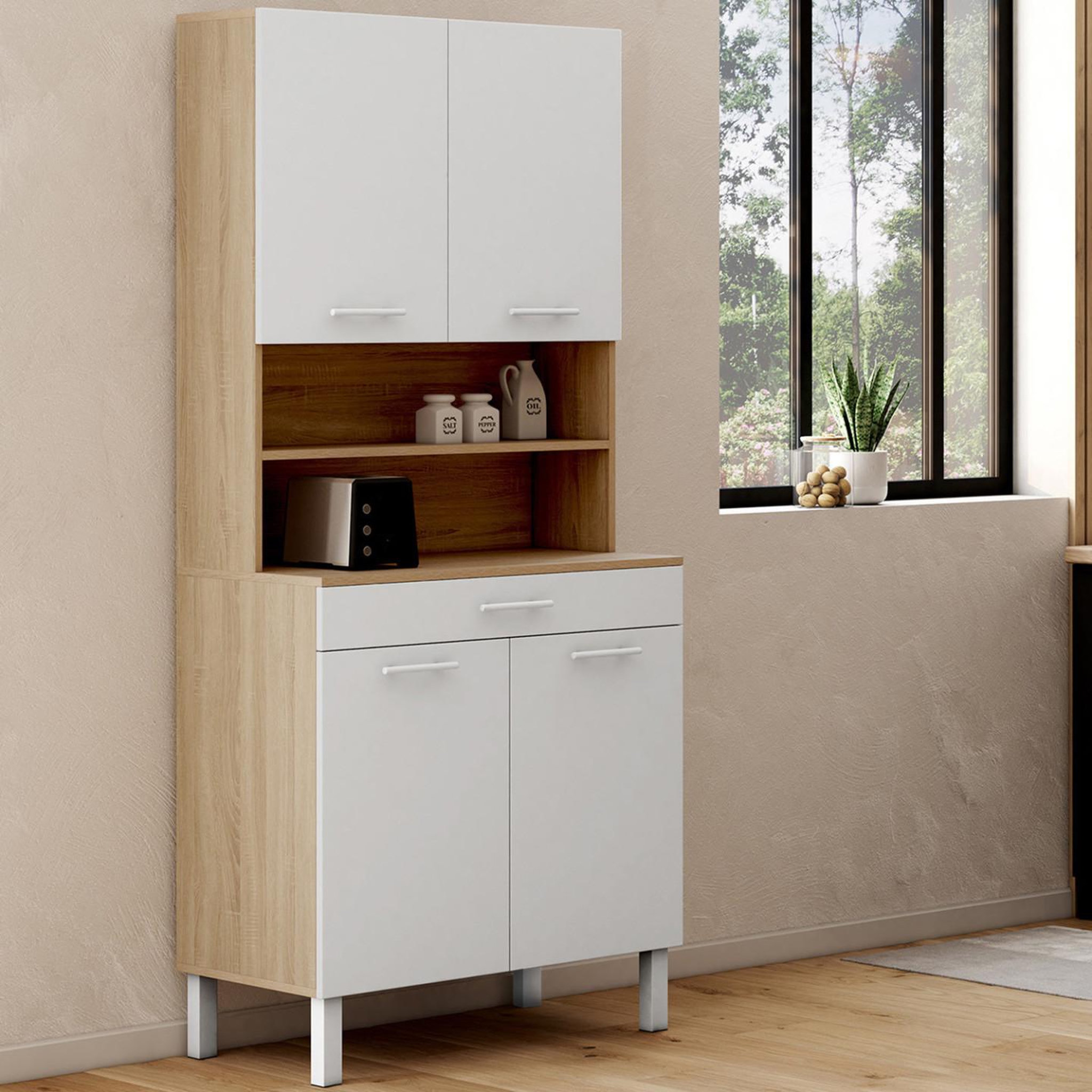 Voir la diapositive 2 : ID MARKET Buffet de cuisine 80 cm cina 4 portes + tiroir façon hêtre et blanc