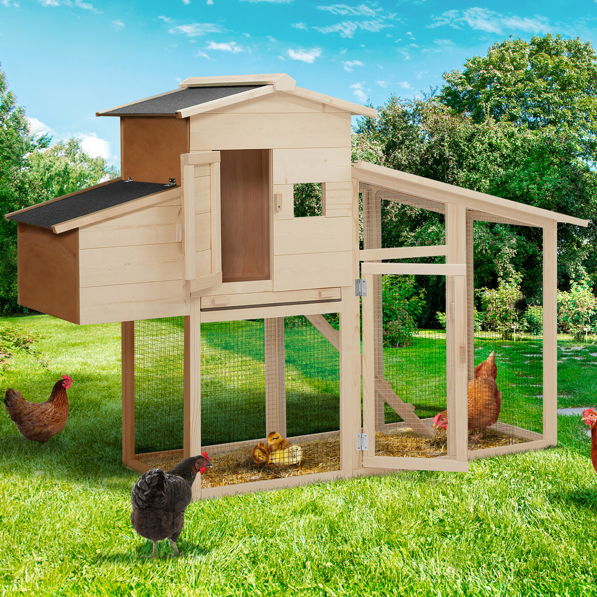 Voir la diapositive 2 : ID MARKET Poulailler clapier en bois confort avec pondoir enclos et tiroir à déjections 4 poules